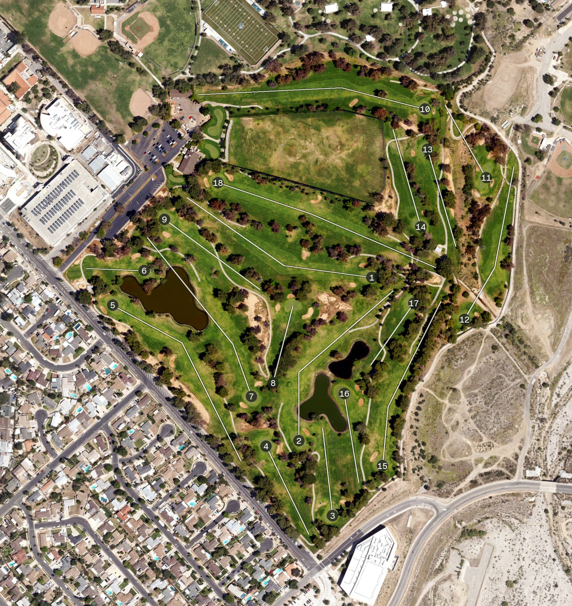 Aerial view of El Cariso Golf Course, CA, with its hole routing marked