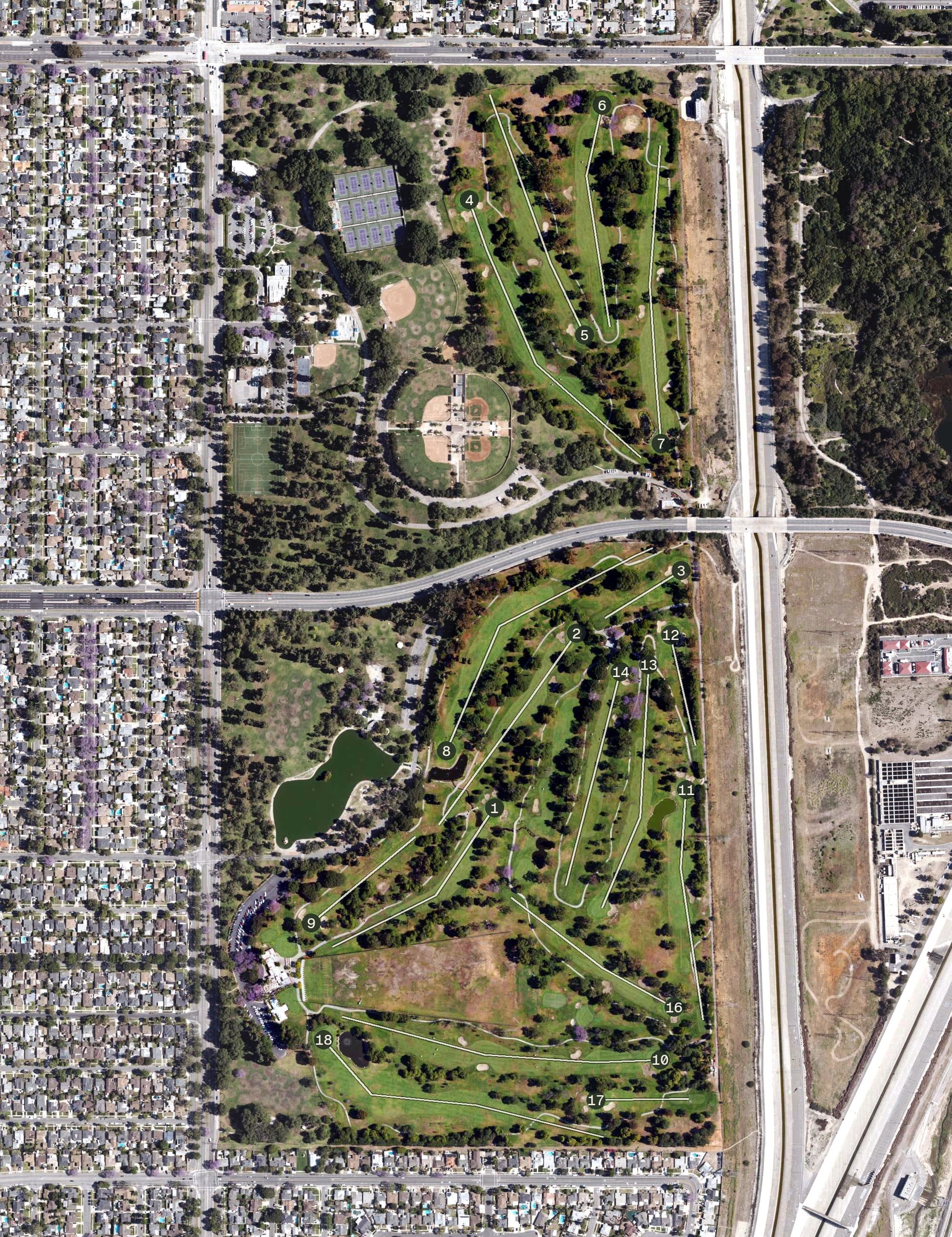 Aerial view of El Dorado Park Golf Course, CA, with its hole routing marked