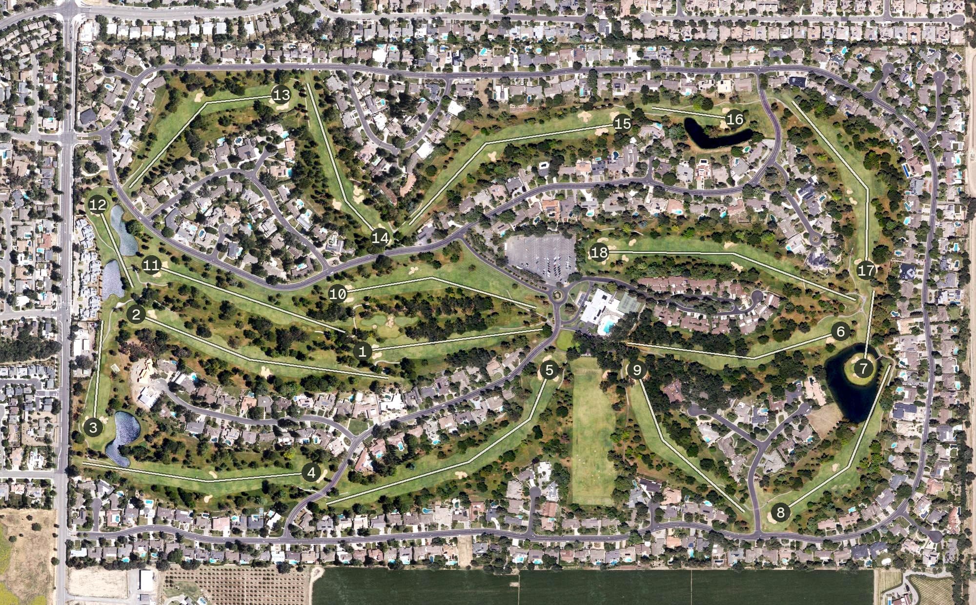 Aerial view of El Macero Country Club, CA, with its hole routing marked