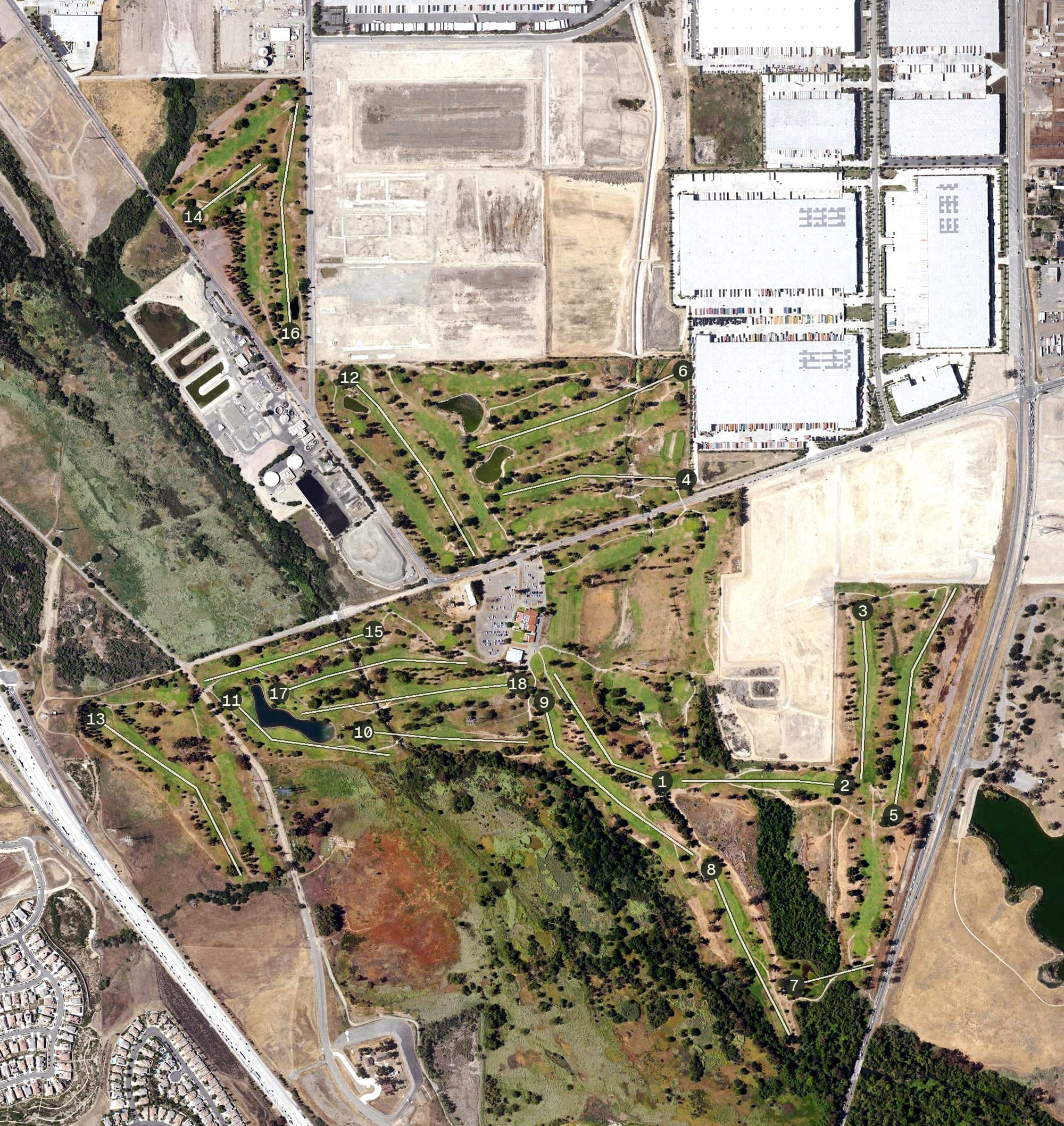 Aerial view of El Prado Golf Courses, CA, with its hole routing marked