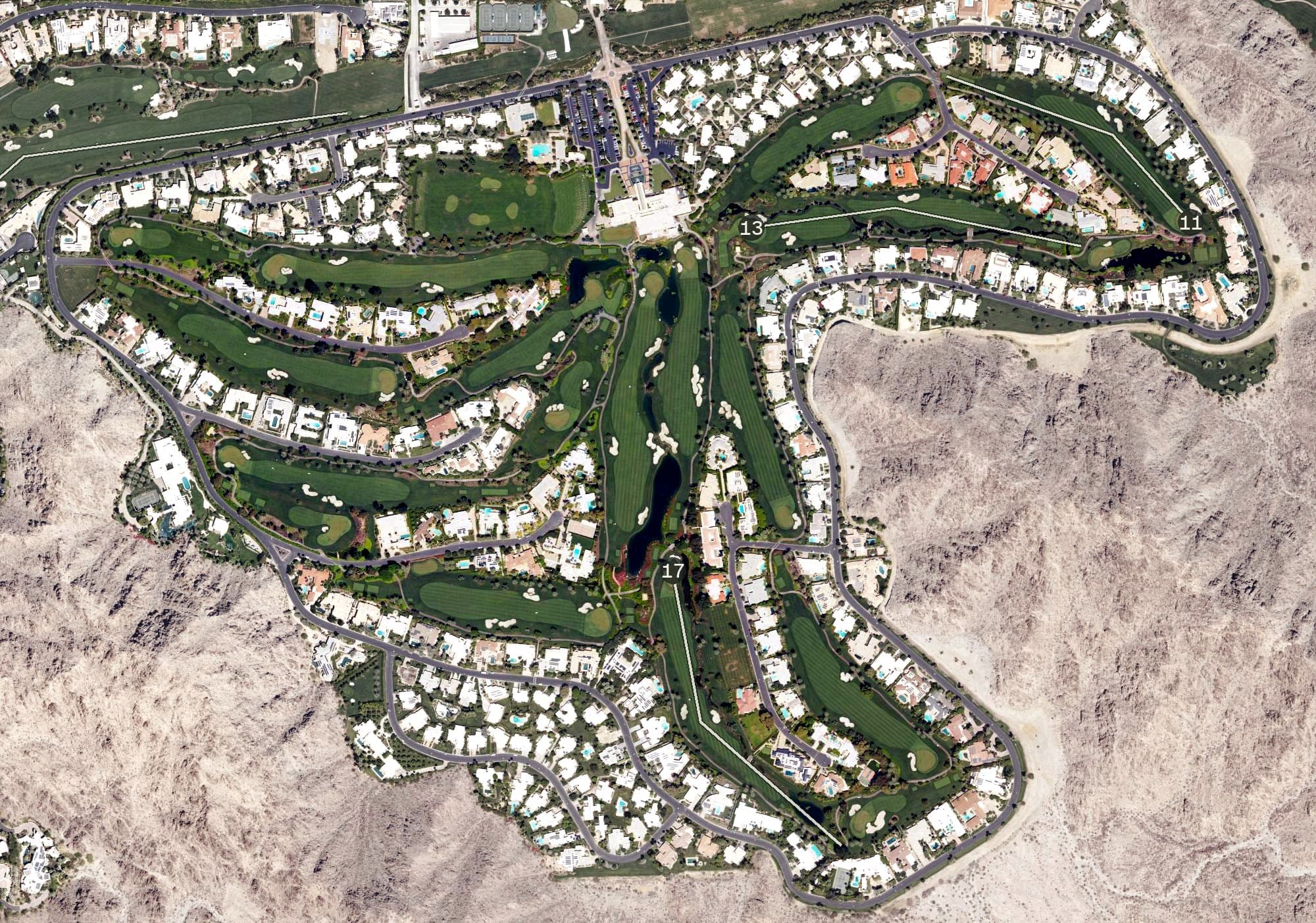 Aerial view of Eldorado Country Club, CA, with its hole routing marked