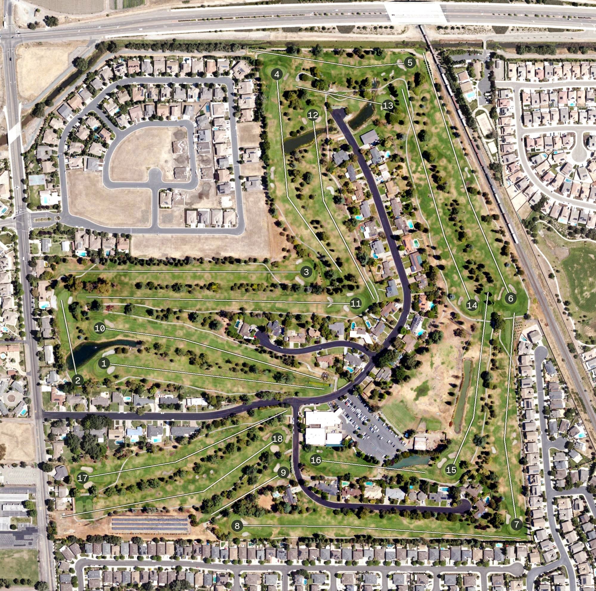 Aerial view of Elkhorn Golf Course, CA, with its hole routing marked