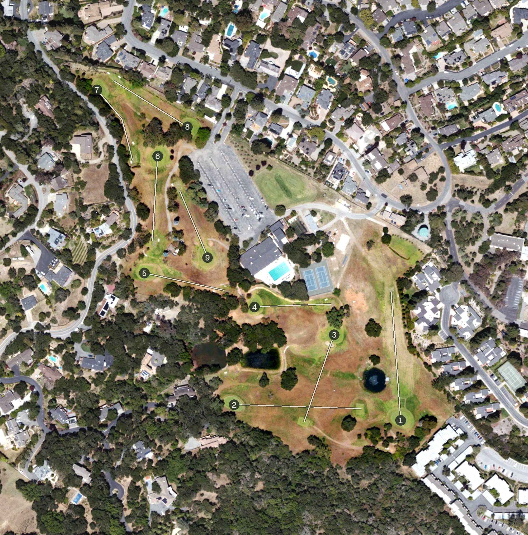 Aerial view of Emerald Hills Golf Course, CA, with its hole routing marked