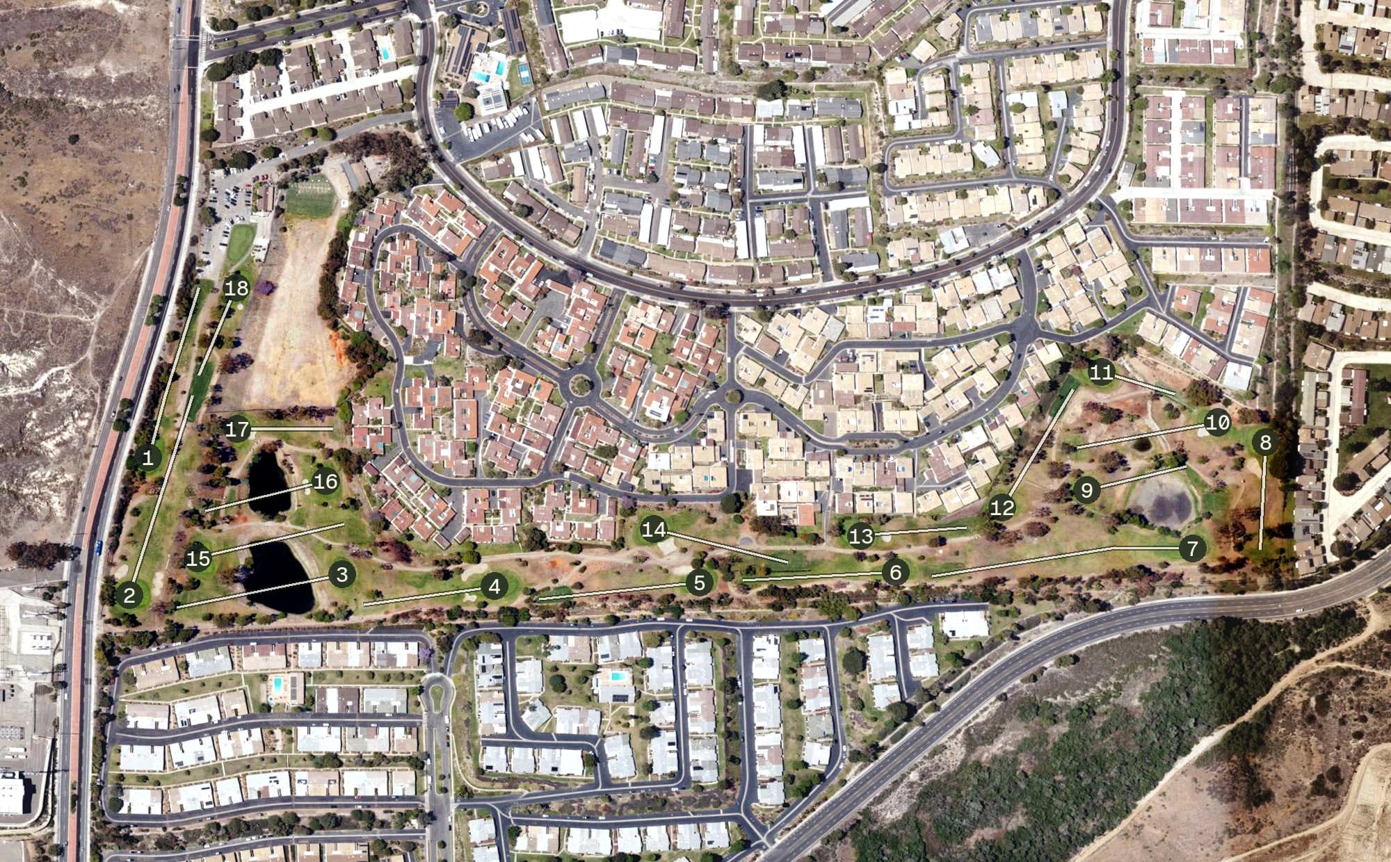 Aerial view of Emerald Isle Golf Course, CA, with its hole routing marked