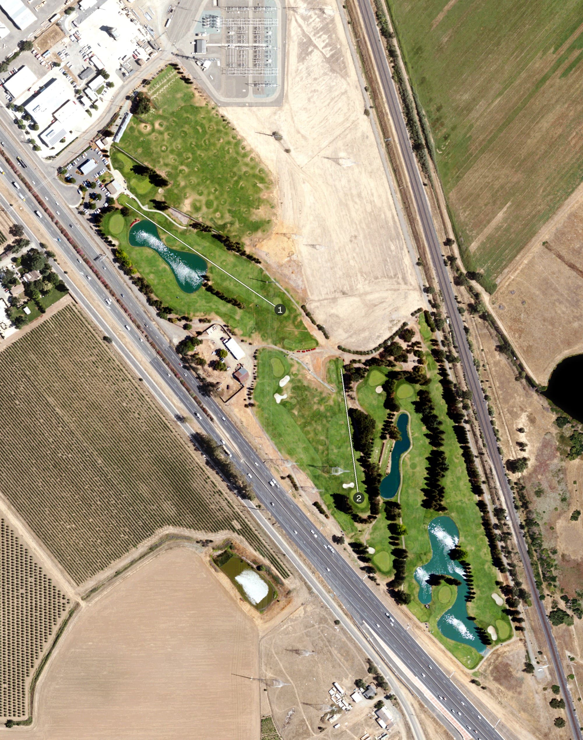 Aerial view of Emerald Lakes Golf Course, CA, with its hole routing marked
