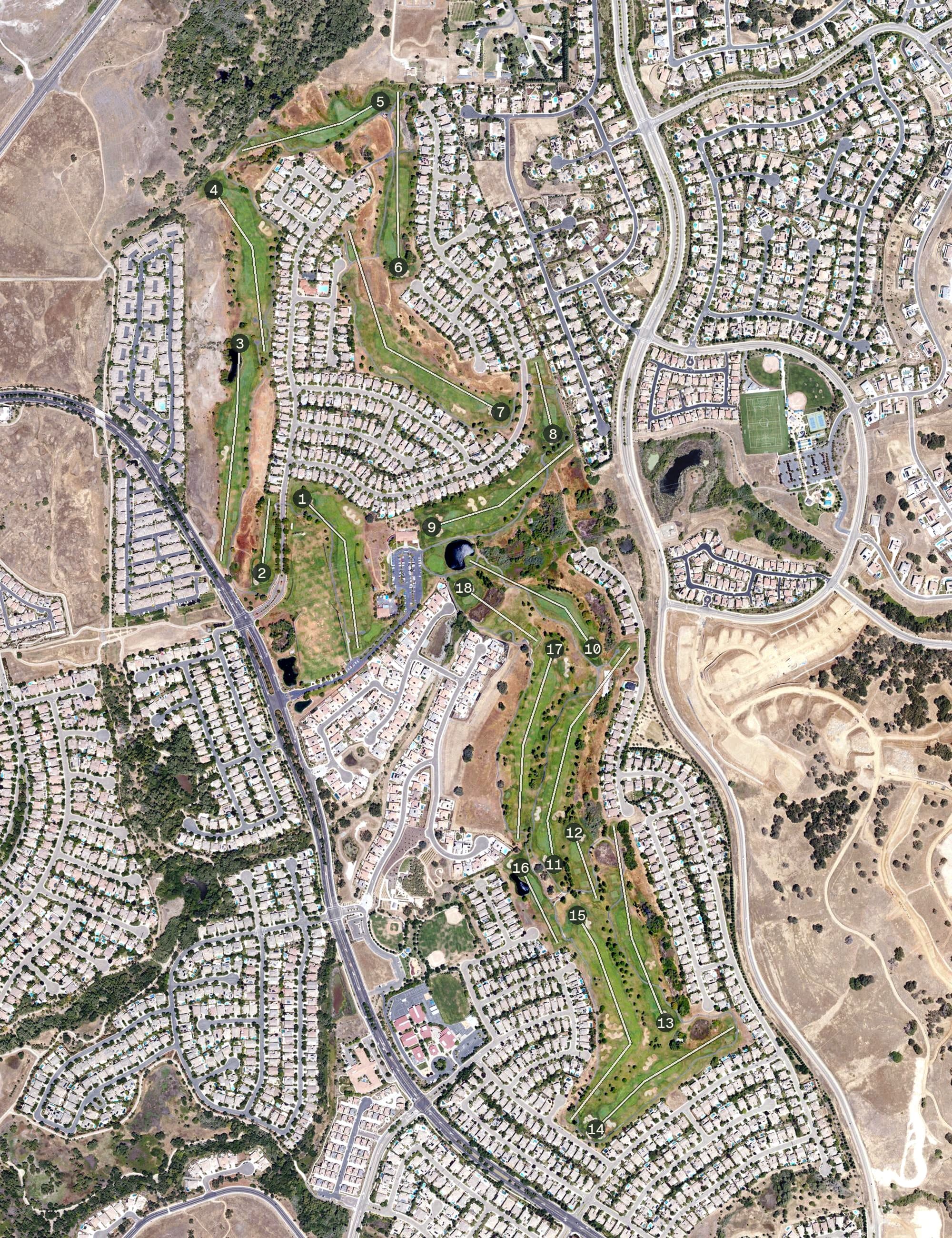 Aerial view of Empire Ranch Golf Course, CA, with its hole routing marked