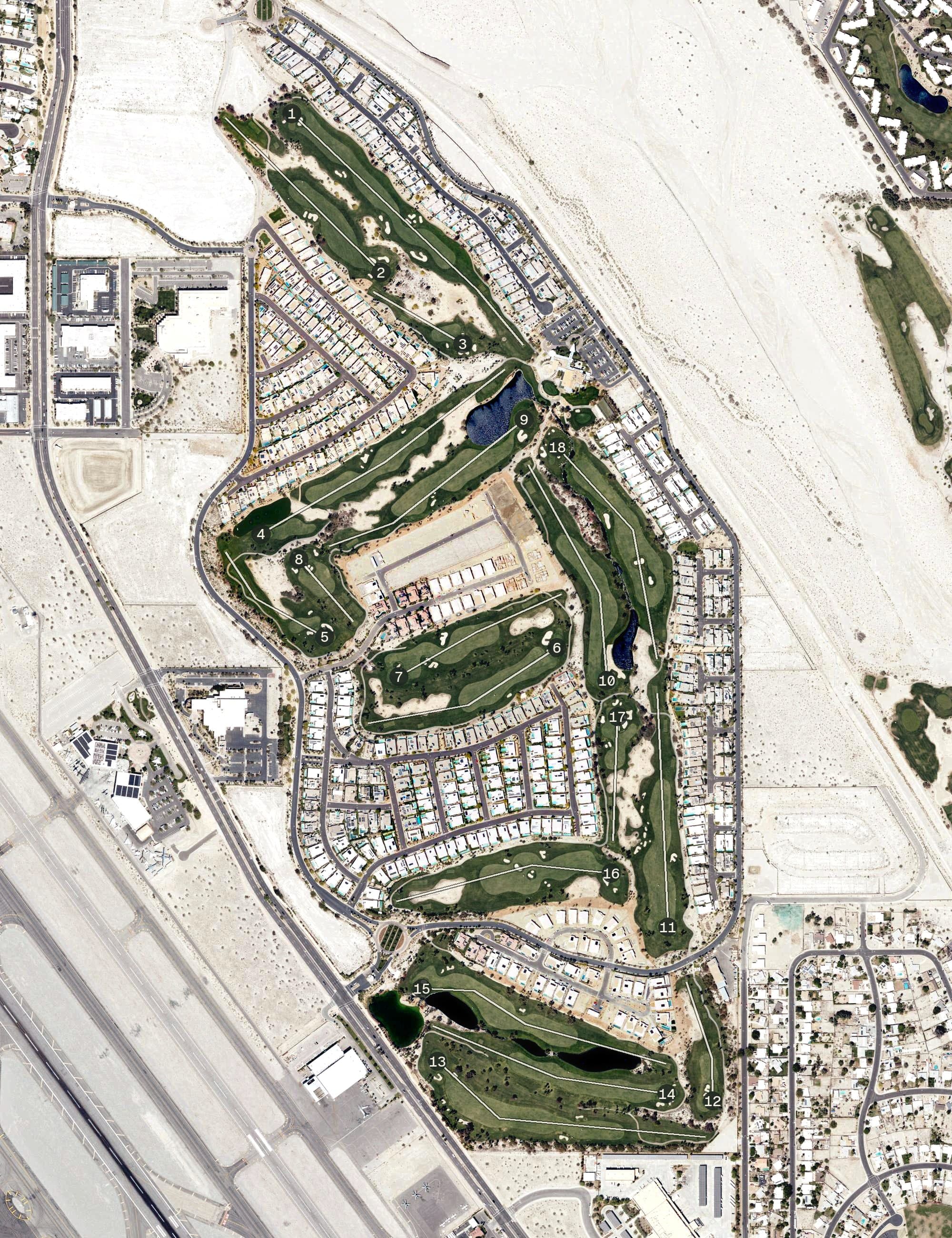 Aerial view of Escena Golf Club, CA, with its hole routing marked