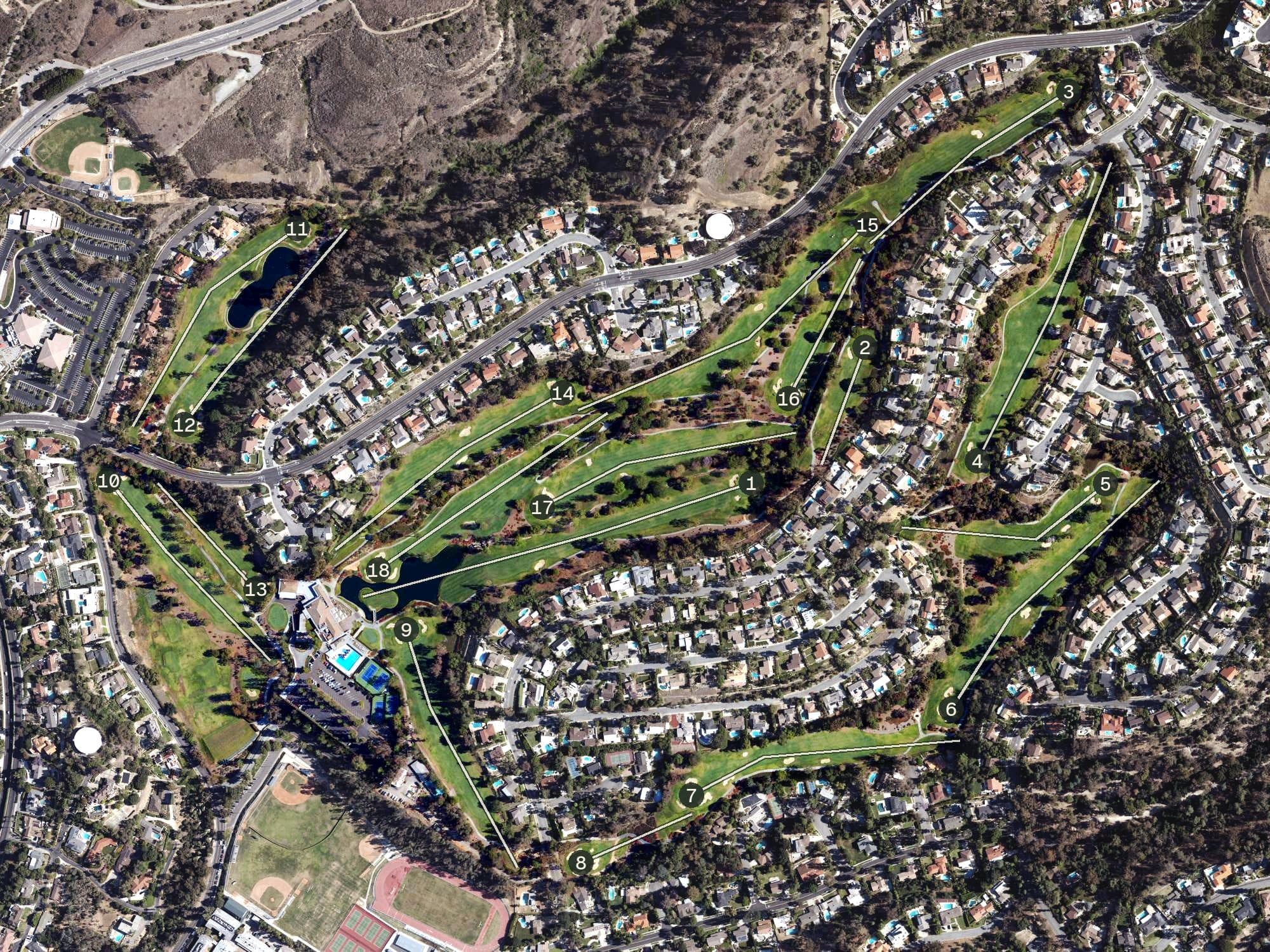 Aerial view of Friendly Hills Country Club, CA, with its hole routing marked