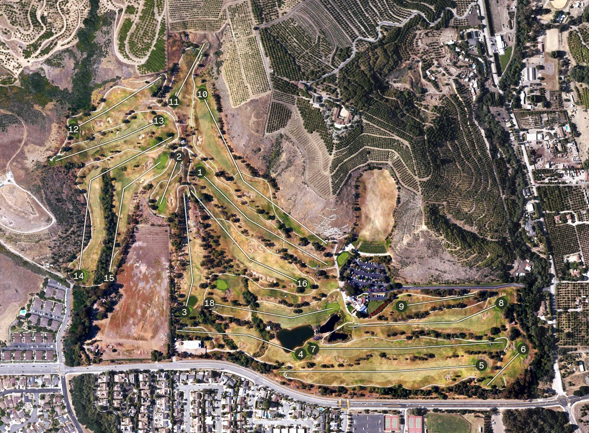 Aerial view of Glen Annie Golf Club, CA, with its hole routing marked