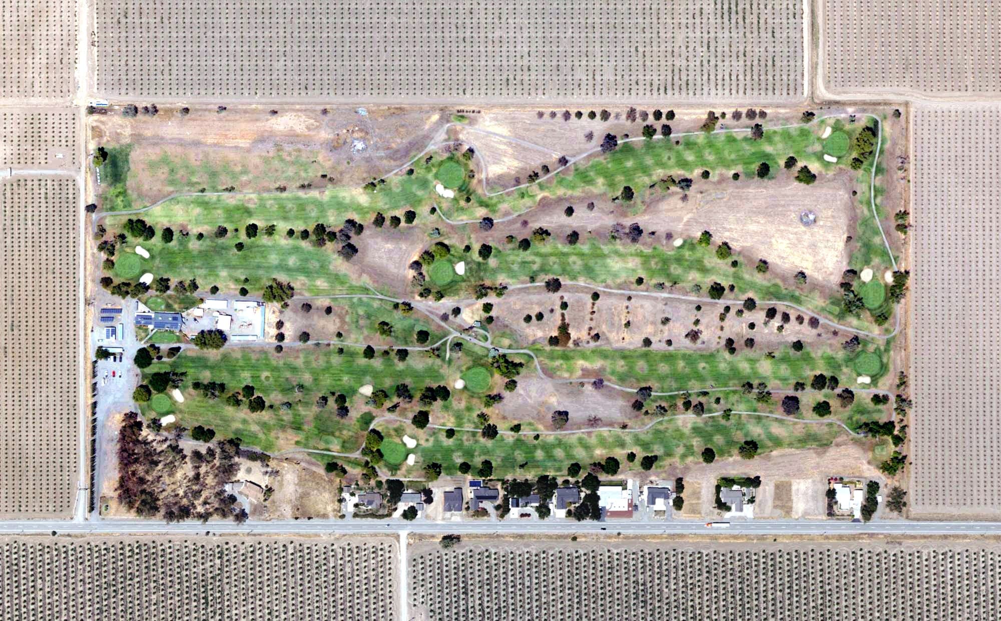 Aerial view of Glenn Golf and Country Club, CA, with its hole routing marked