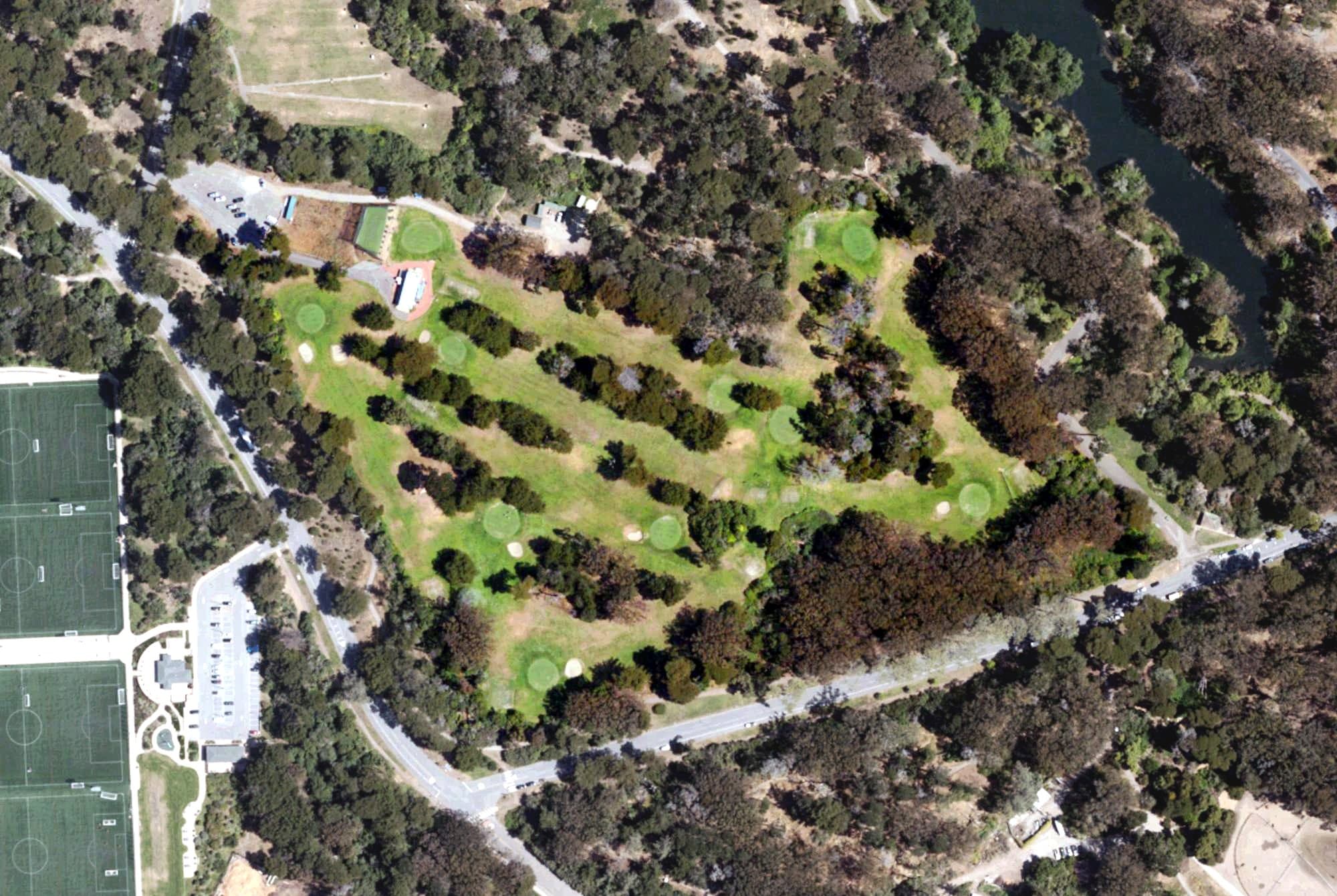 Aerial view of Golden Gate Park Golf Course, CA, with its hole routing marked