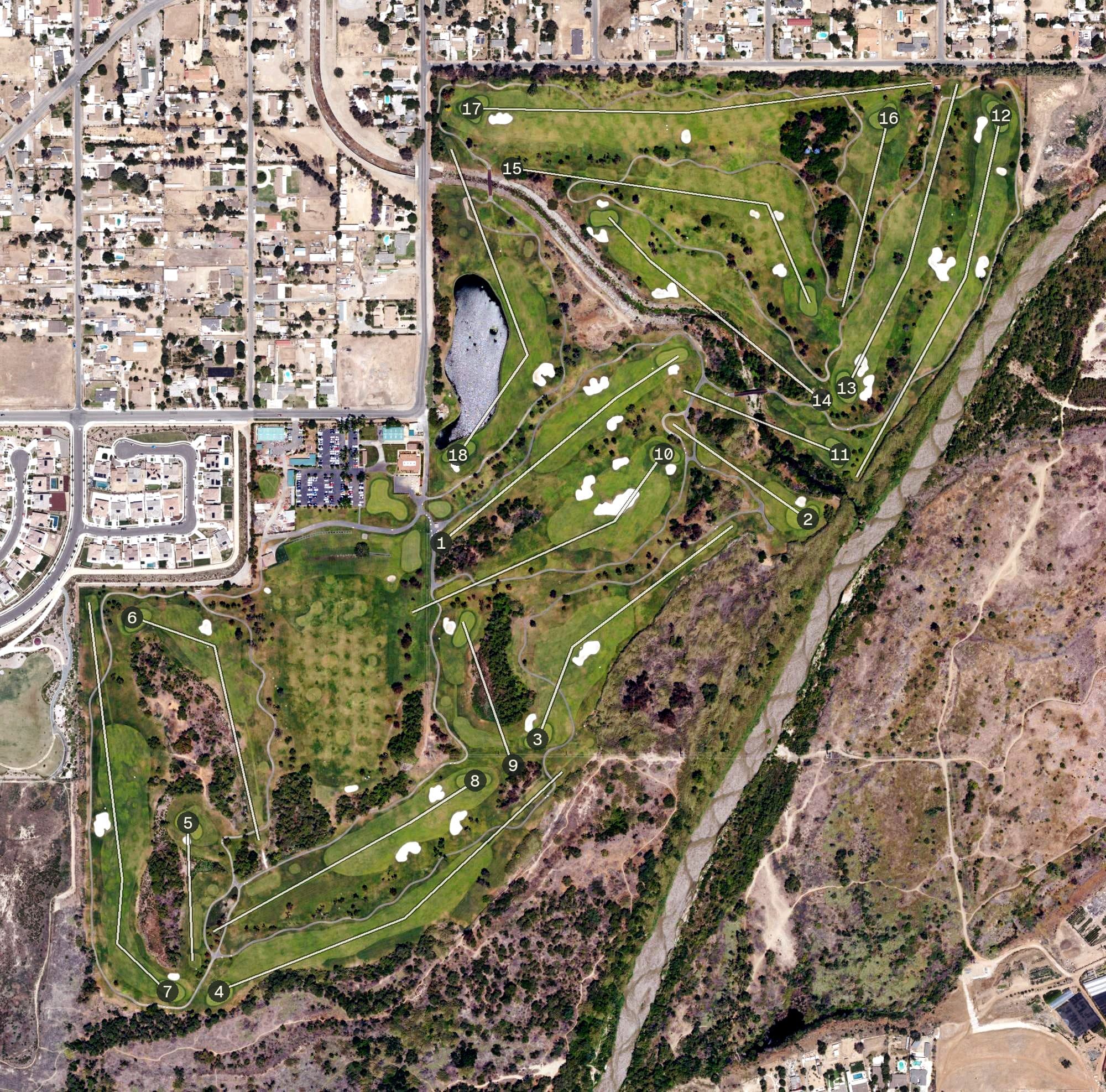 Aerial view of Goose Creek Golf Club, CA, with its hole routing marked