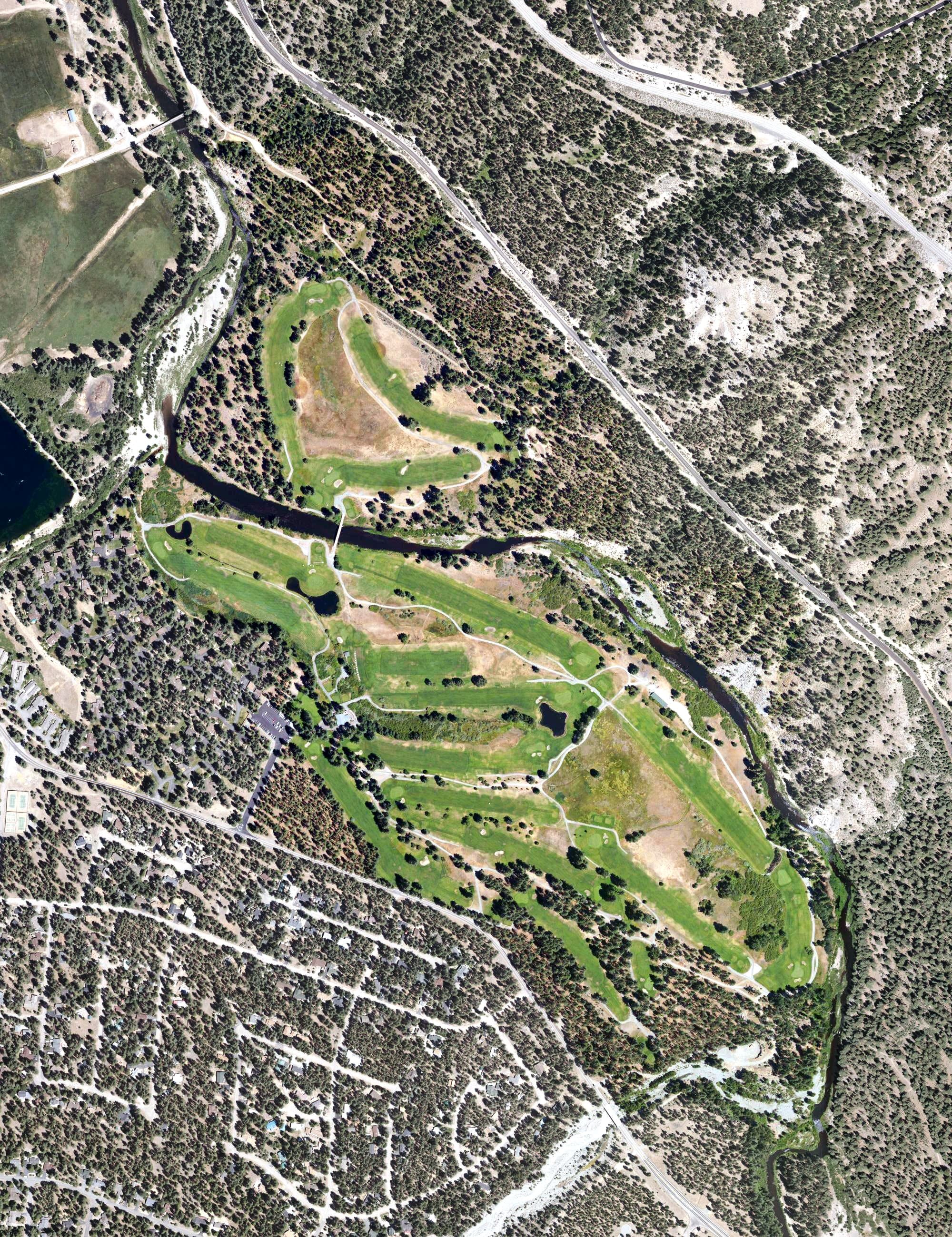 Aerial view of Graeagle Meadows Golf Course, CA, with its hole routing marked