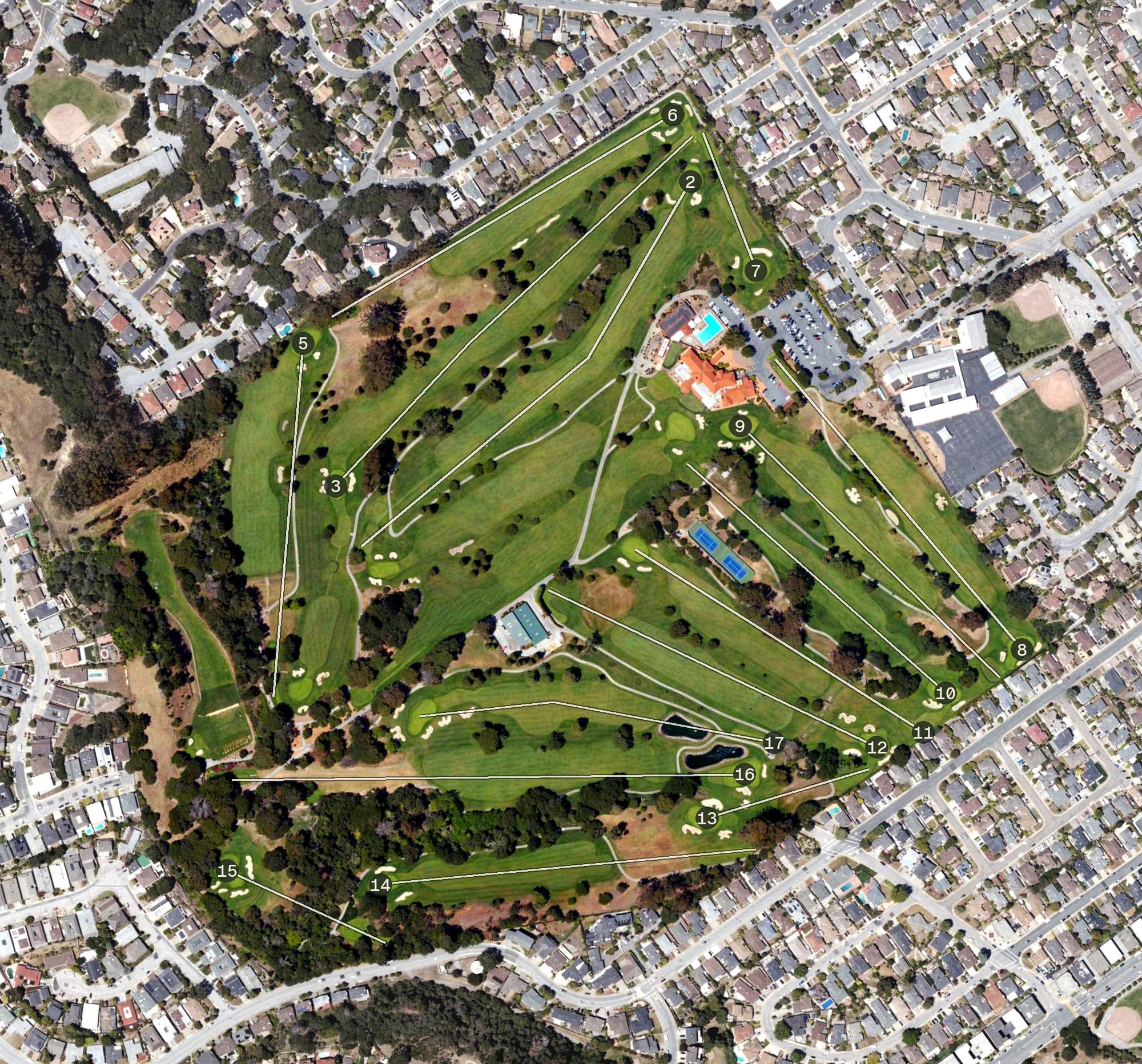 Aerial view of Green Hills Country Club, CA, with its hole routing marked