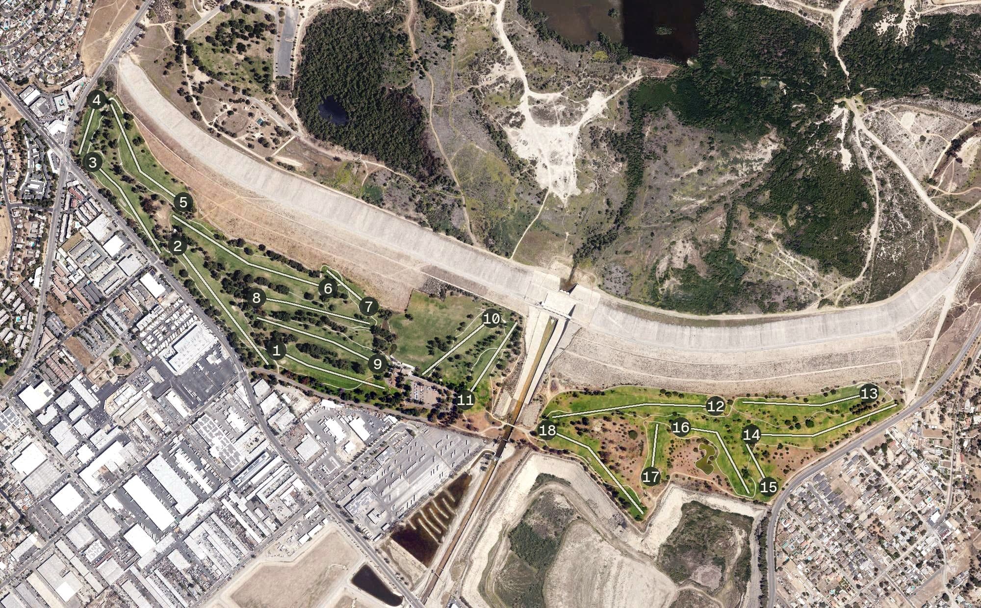Aerial view of Hansen Dam Municipal Golf Course, CA, with its hole routing marked