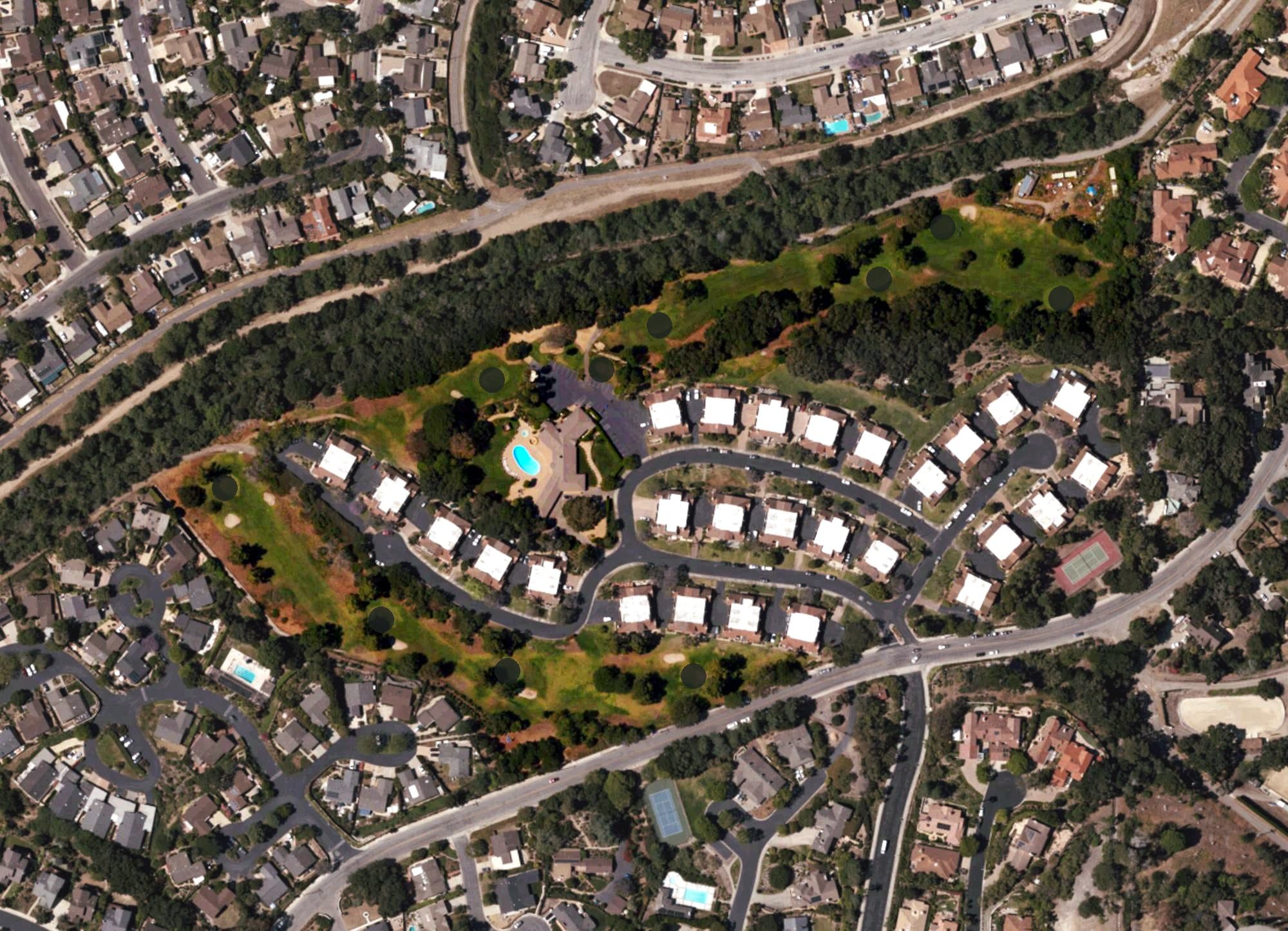 Aerial view of Hidden Oaks Country Club, CA, with its hole routing marked