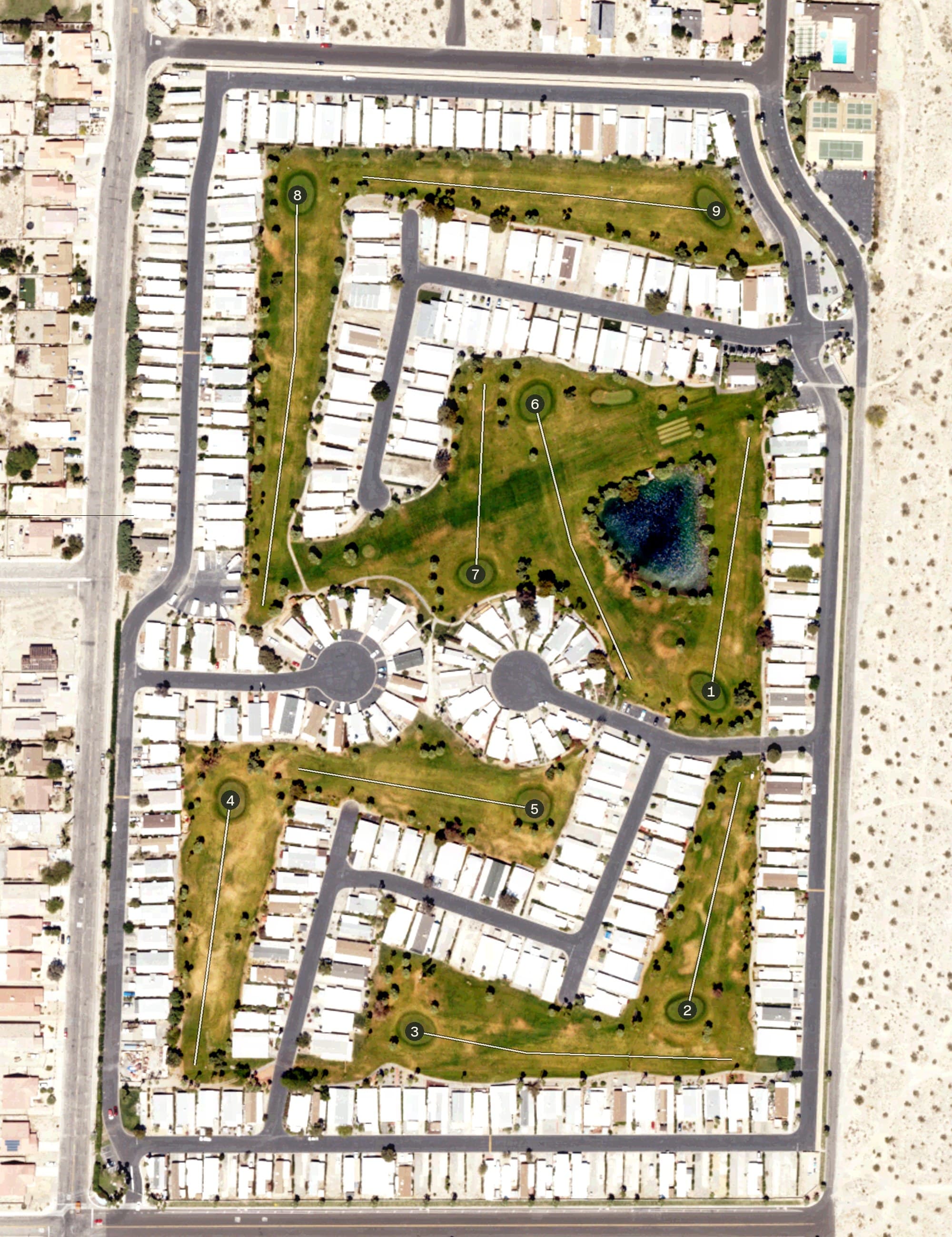 Aerial view of Hidden Springs Golf Course, CA, with its hole routing marked