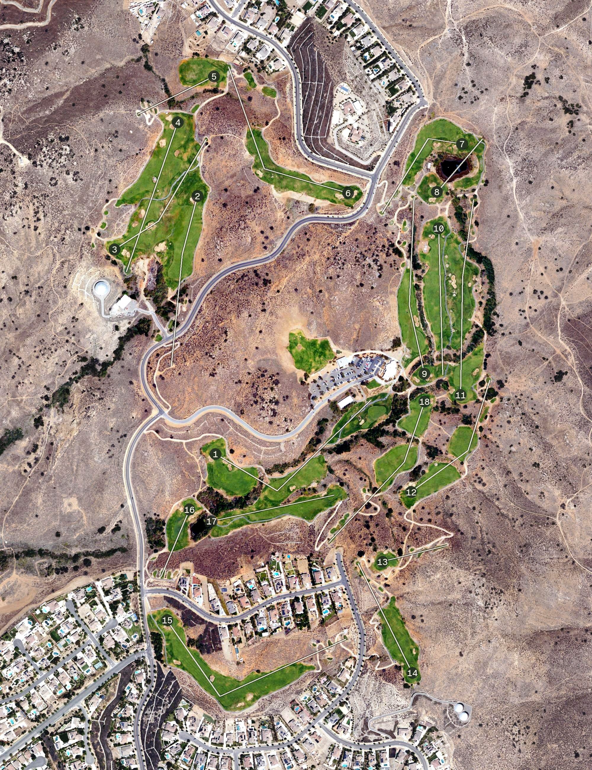 Aerial view of Hidden Valley Golf Club, CA, with its hole routing marked
