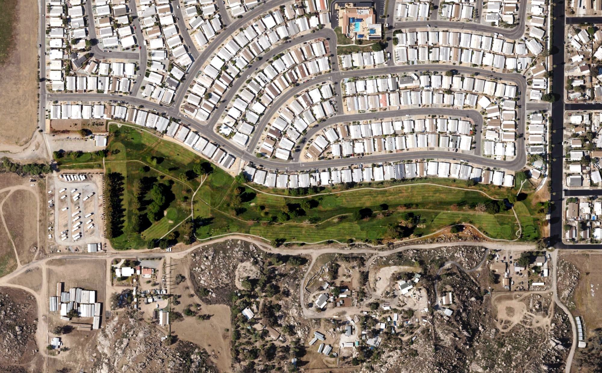 Aerial view of Highland Palms Golf Course, CA, with its hole routing marked
