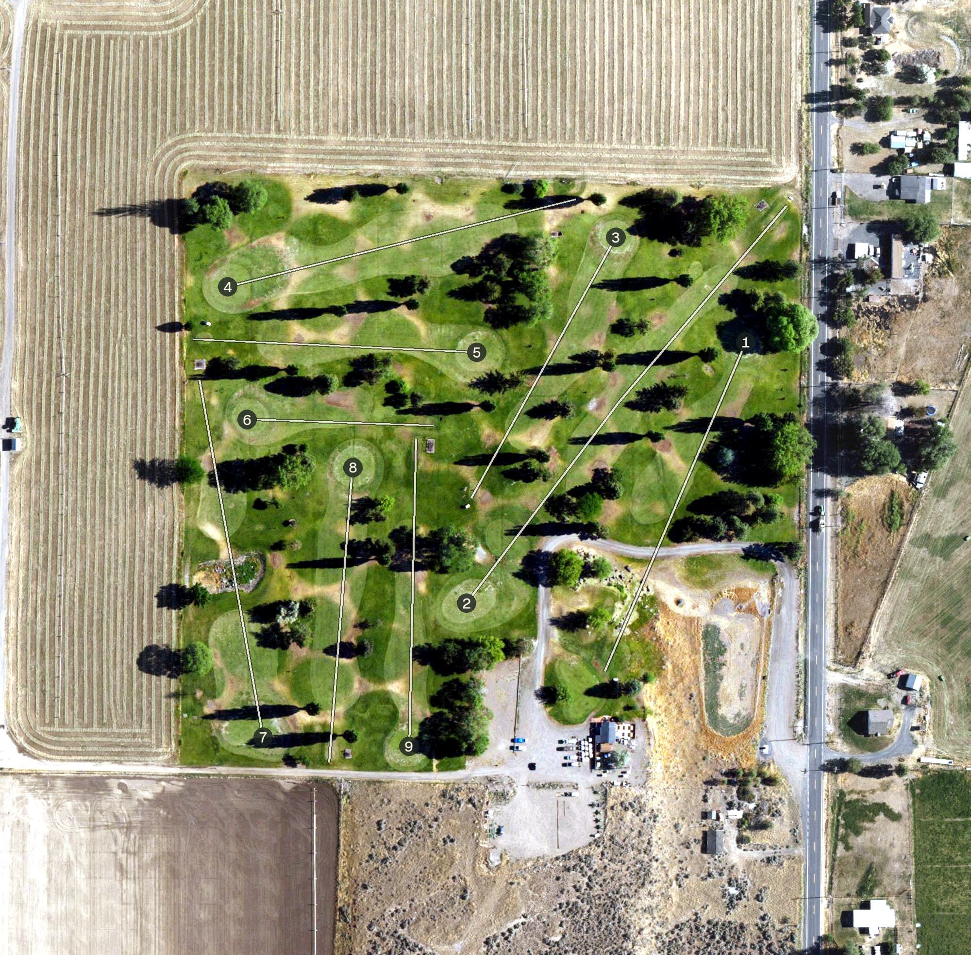 Aerial view of Indian Camp Golf Course, CA, with its hole routing marked
