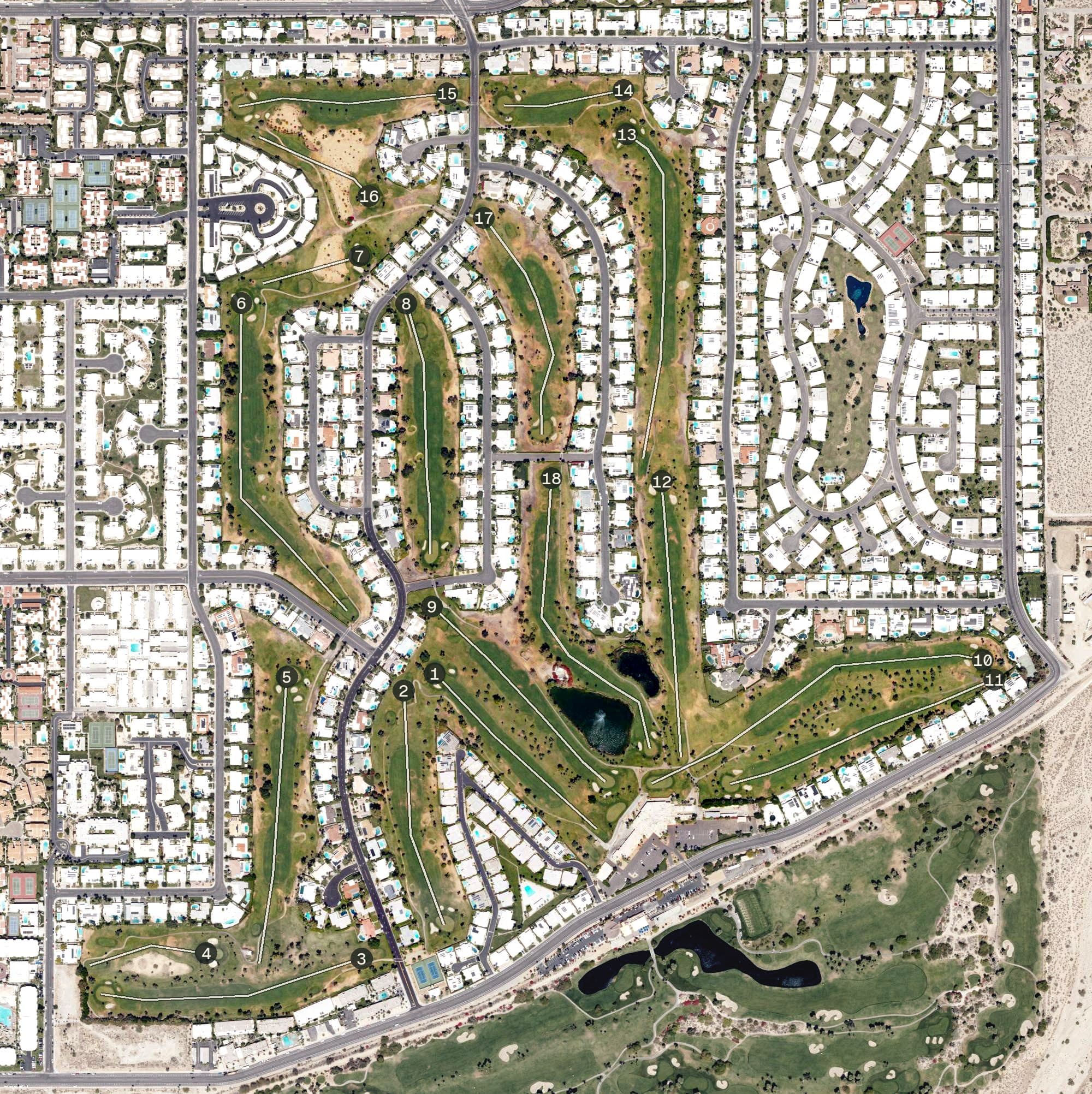 Aerial view of Indian Canyons Golf Resort North Golf Course, CA, with its hole routing marked