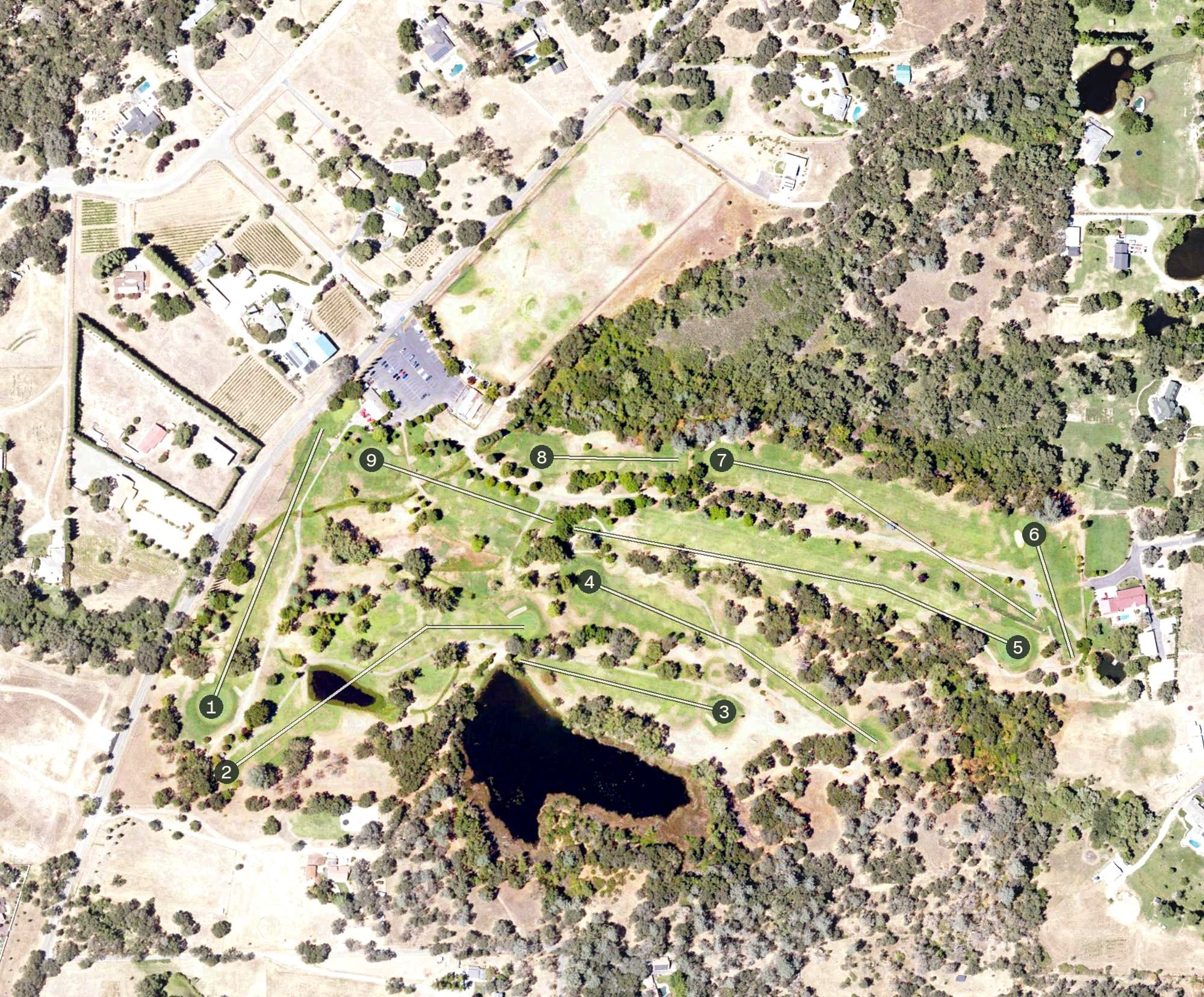 Aerial view of Indian Creek Golf Club, CA, with its hole routing marked
