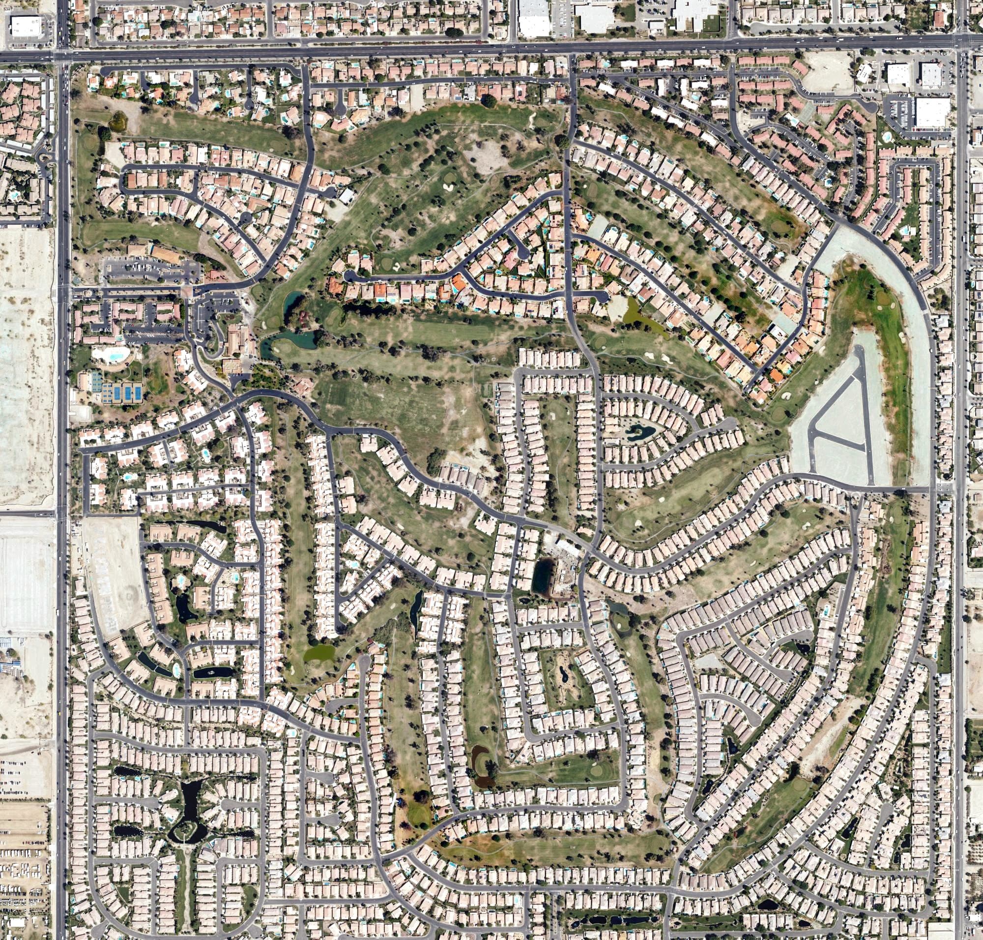 Aerial view of Indian Palms Golf Course, CA, with its hole routing marked