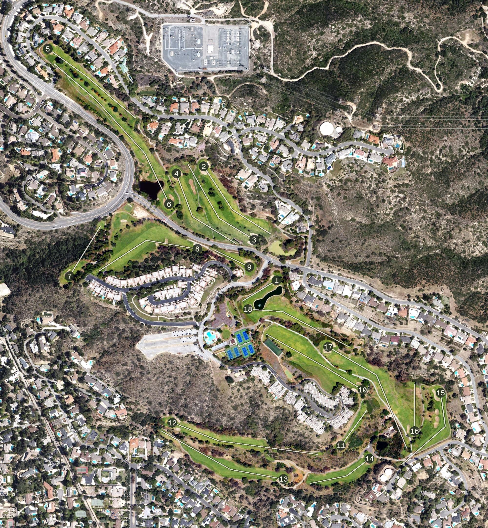 Aerial view of La Cañada Flintridge Country Club, CA, with its hole routing marked
