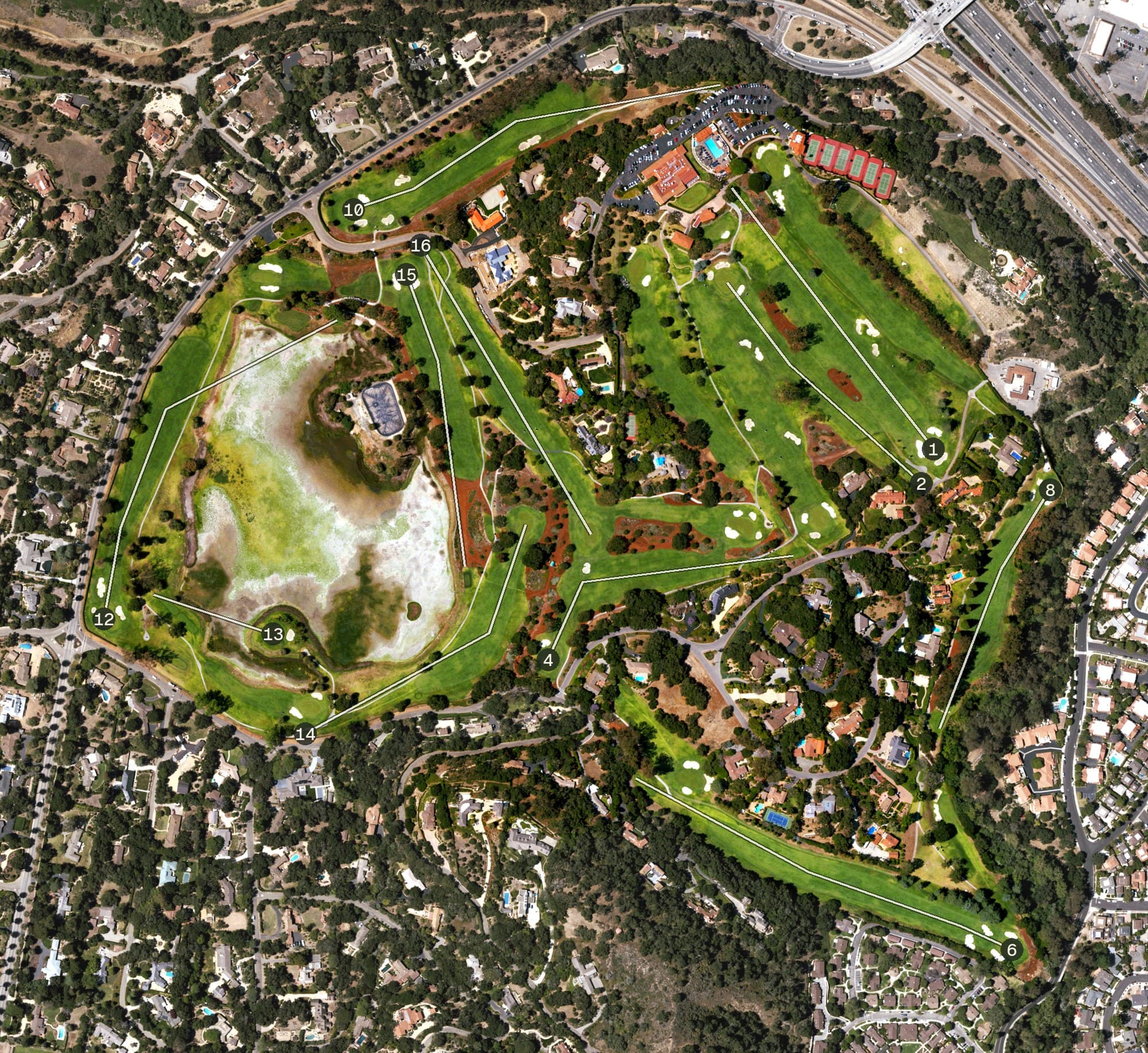 Aerial view of La Cumbre Country Club, CA, with its hole routing marked