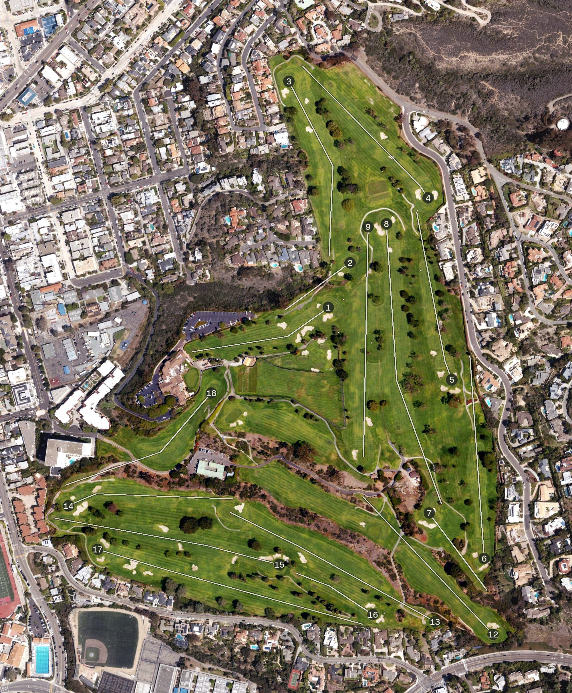 Aerial view of La Jolla Country Club, CA, with its hole routing marked