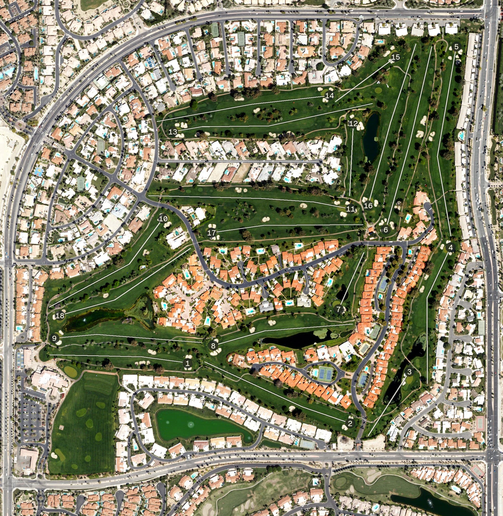 Aerial view of la Quinta Country Club, CA, with its hole routing marked