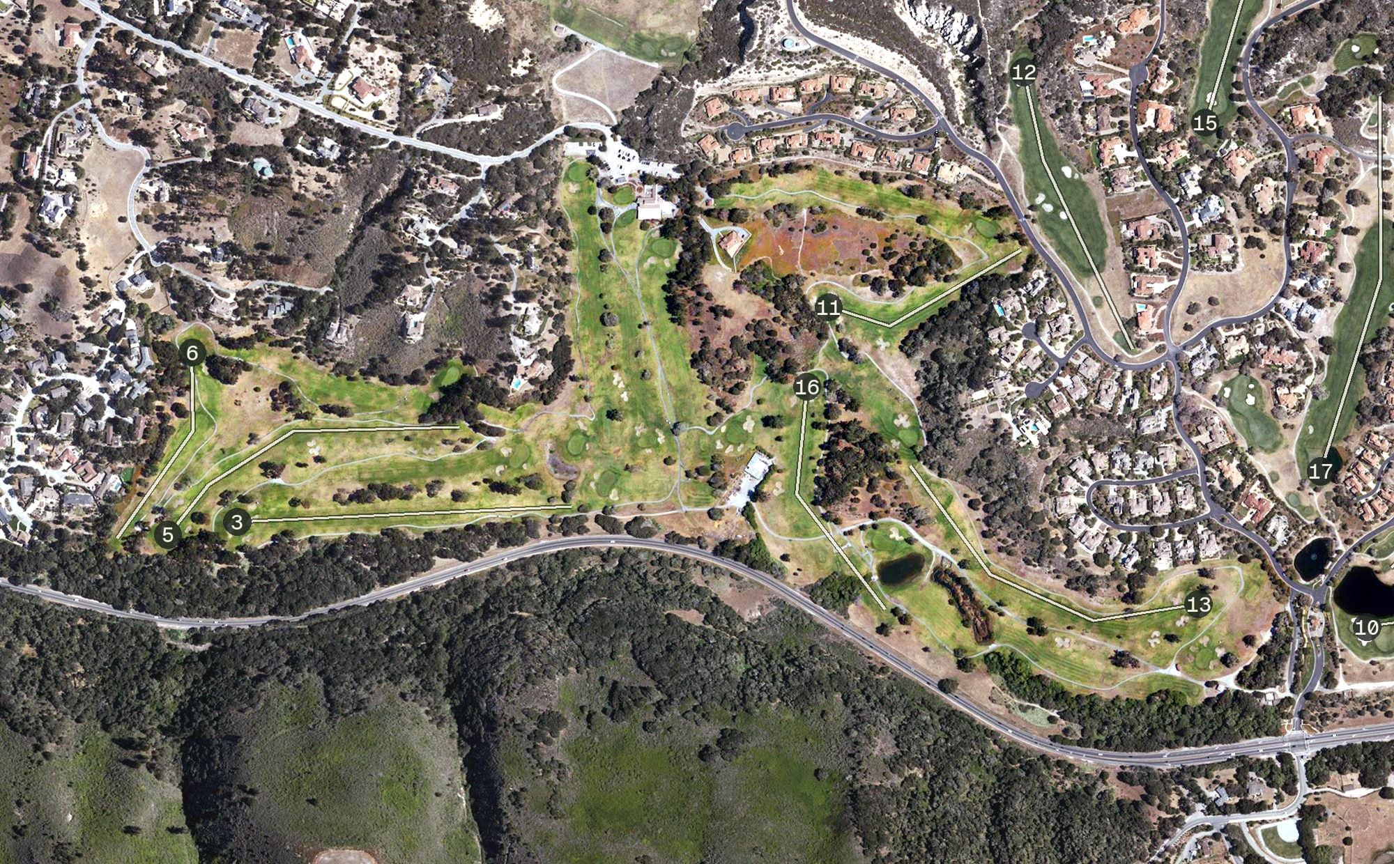Aerial view of Laguna Seca Golf Ranch, CA, with its hole routing marked