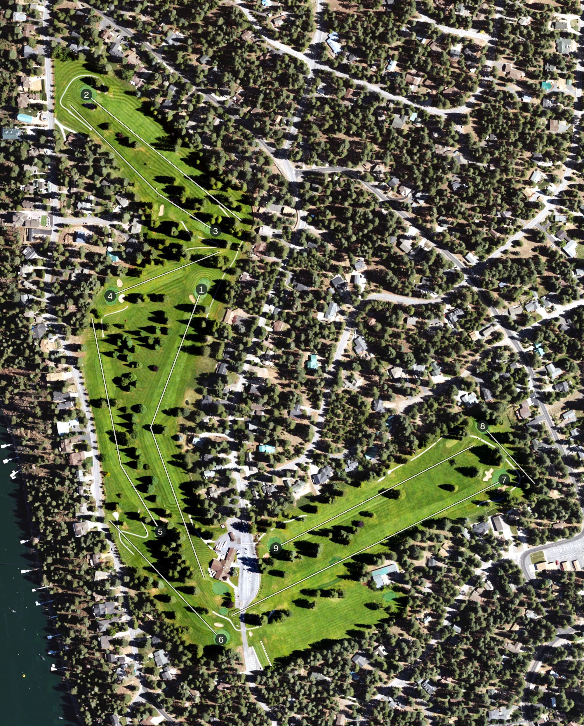 Aerial view of Lake Almanor Country Club, CA, with its hole routing marked