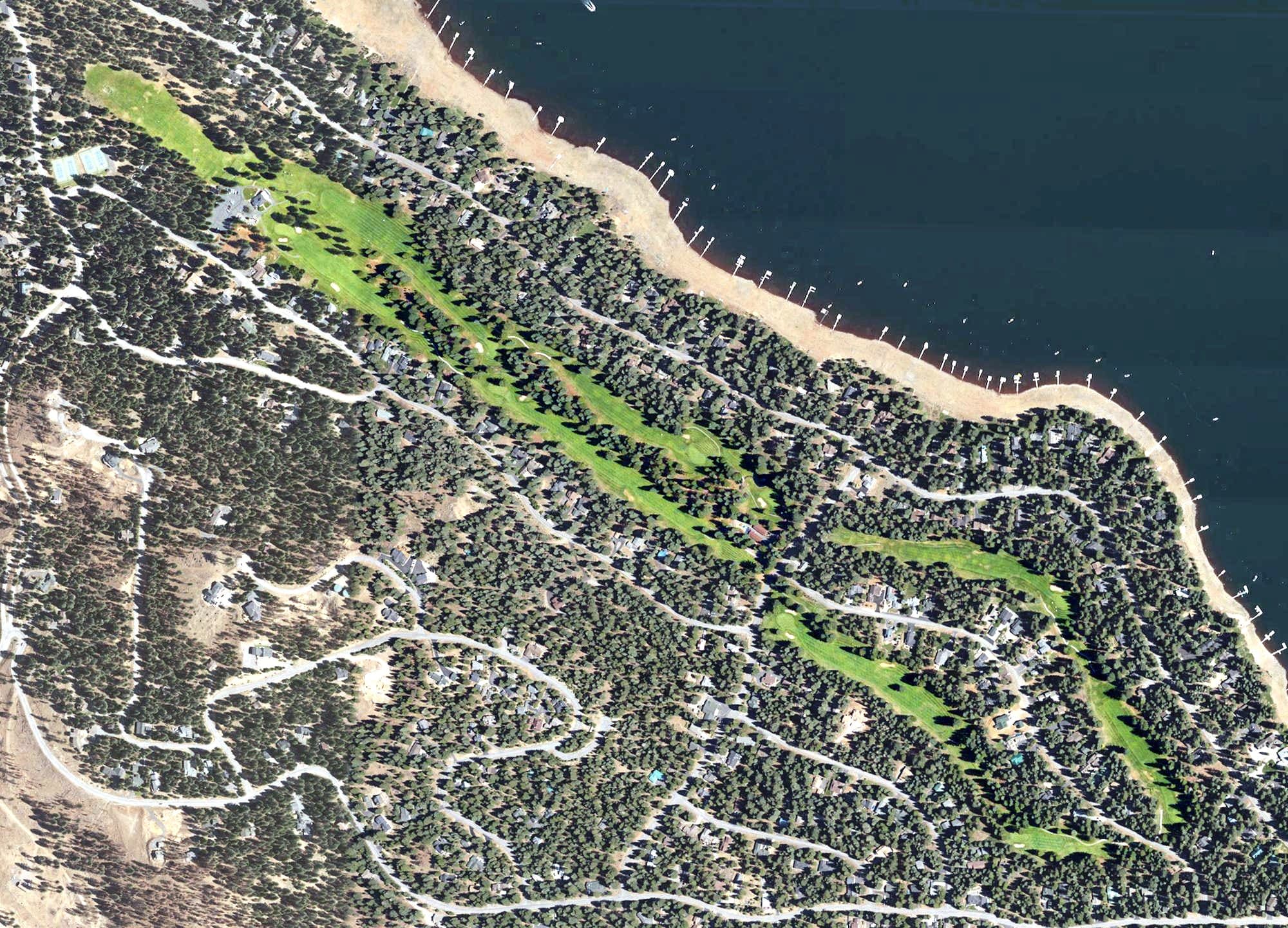 Aerial view of Lake Almanor West Golf, CA, with its hole routing marked
