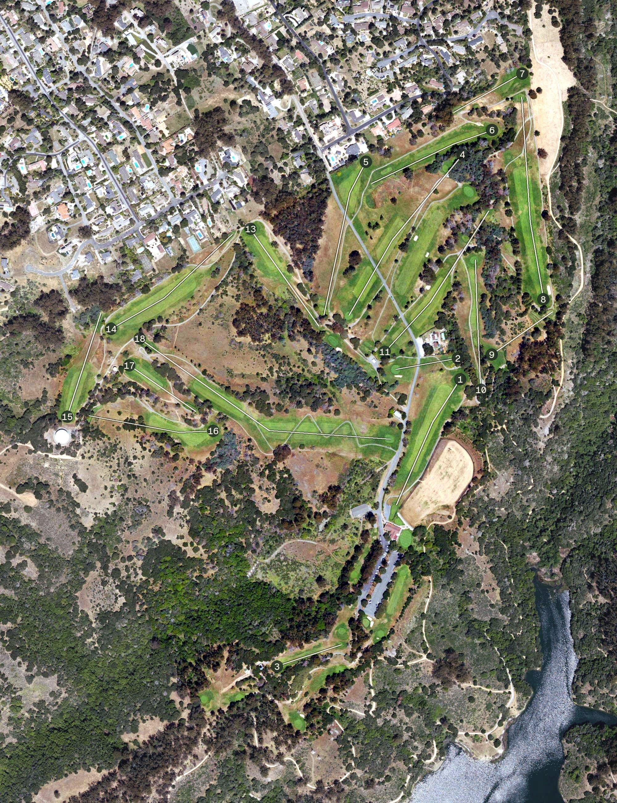 Aerial view of Lake Chabot Golf Course, CA, with its hole routing marked