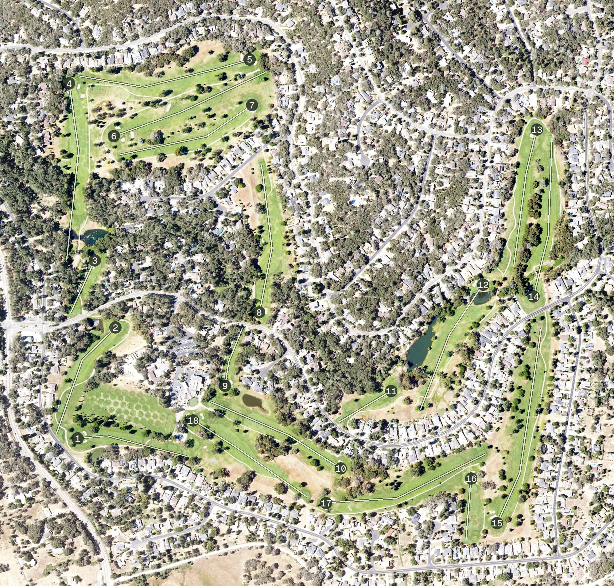Aerial view of Lake Wildwood Golf Course, CA, with its hole routing marked