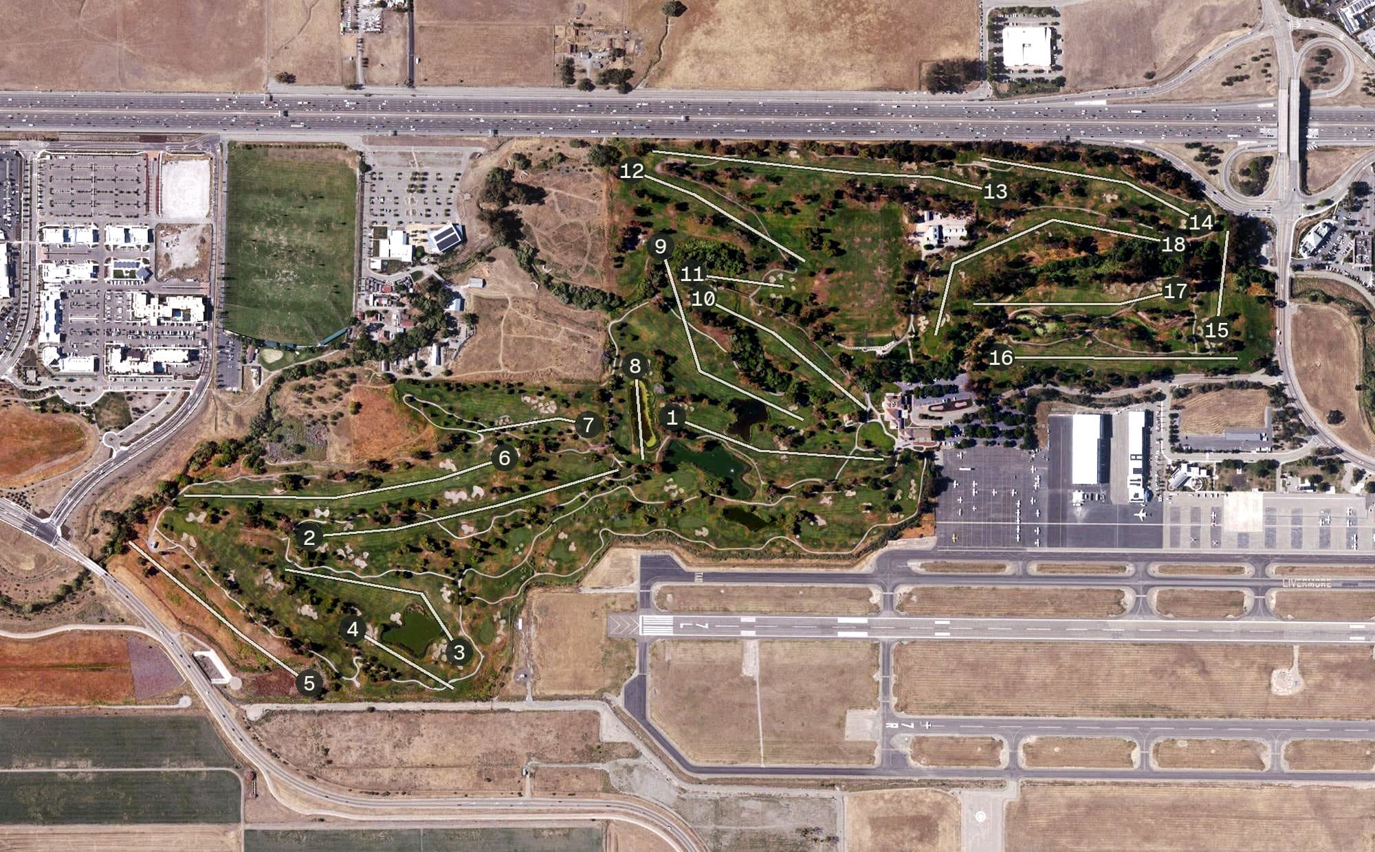 Aerial view of Las Positas Golf Course, CA, with its hole routing marked