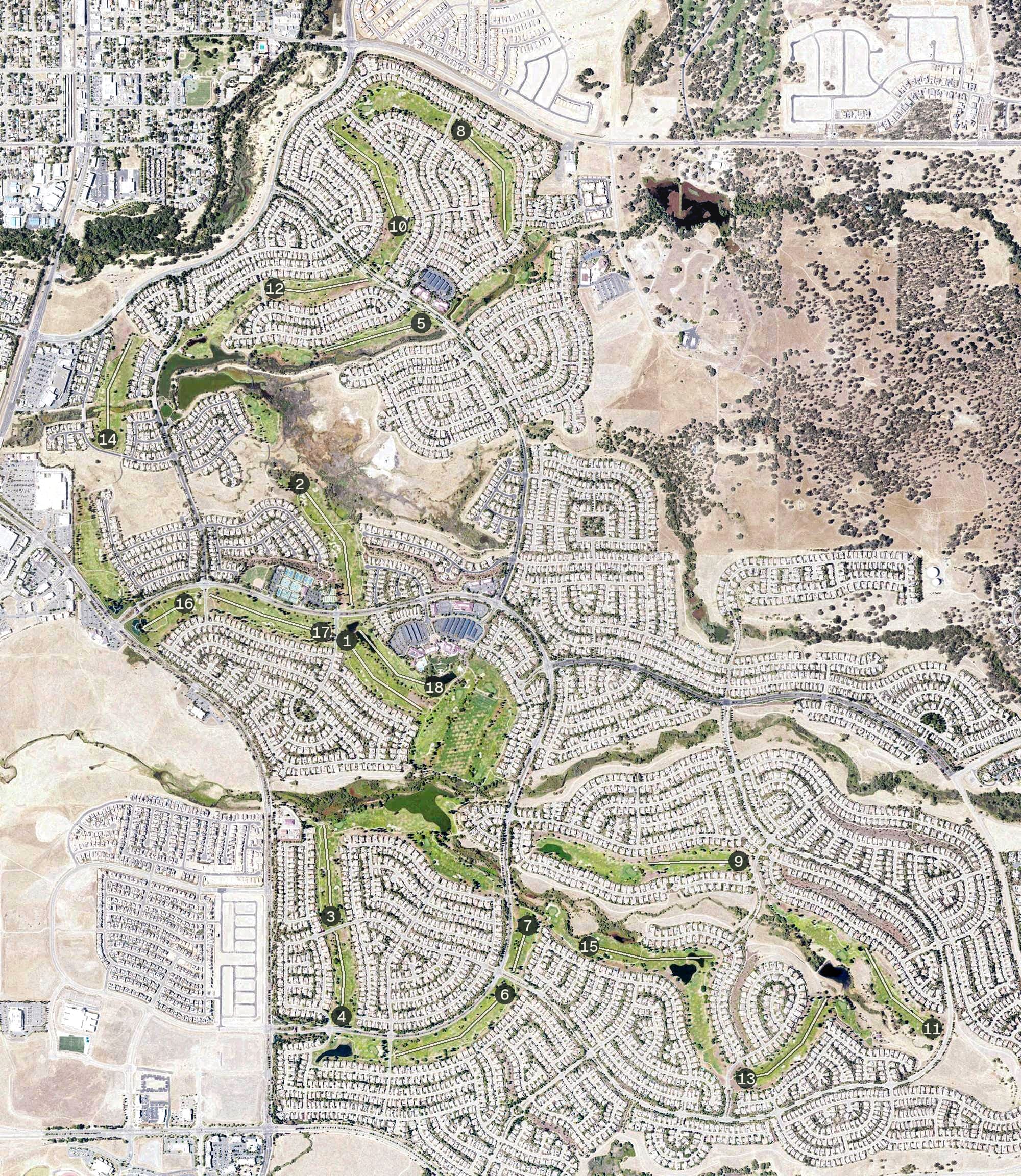 Aerial view of Lincoln Hills Golf Club, CA, with its hole routing marked