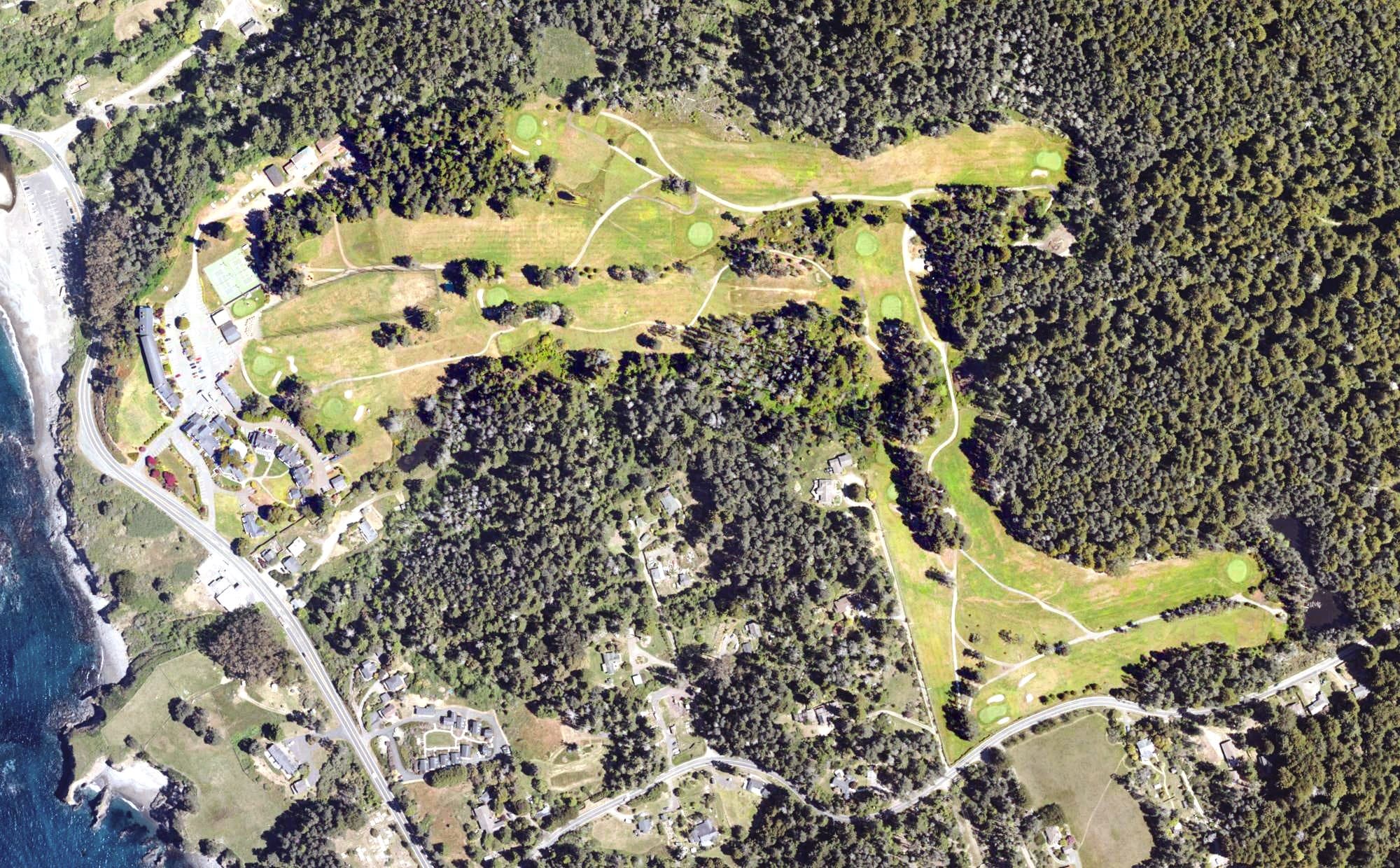 Aerial view of Little River Inn Golf Course, CA, with its hole routing marked