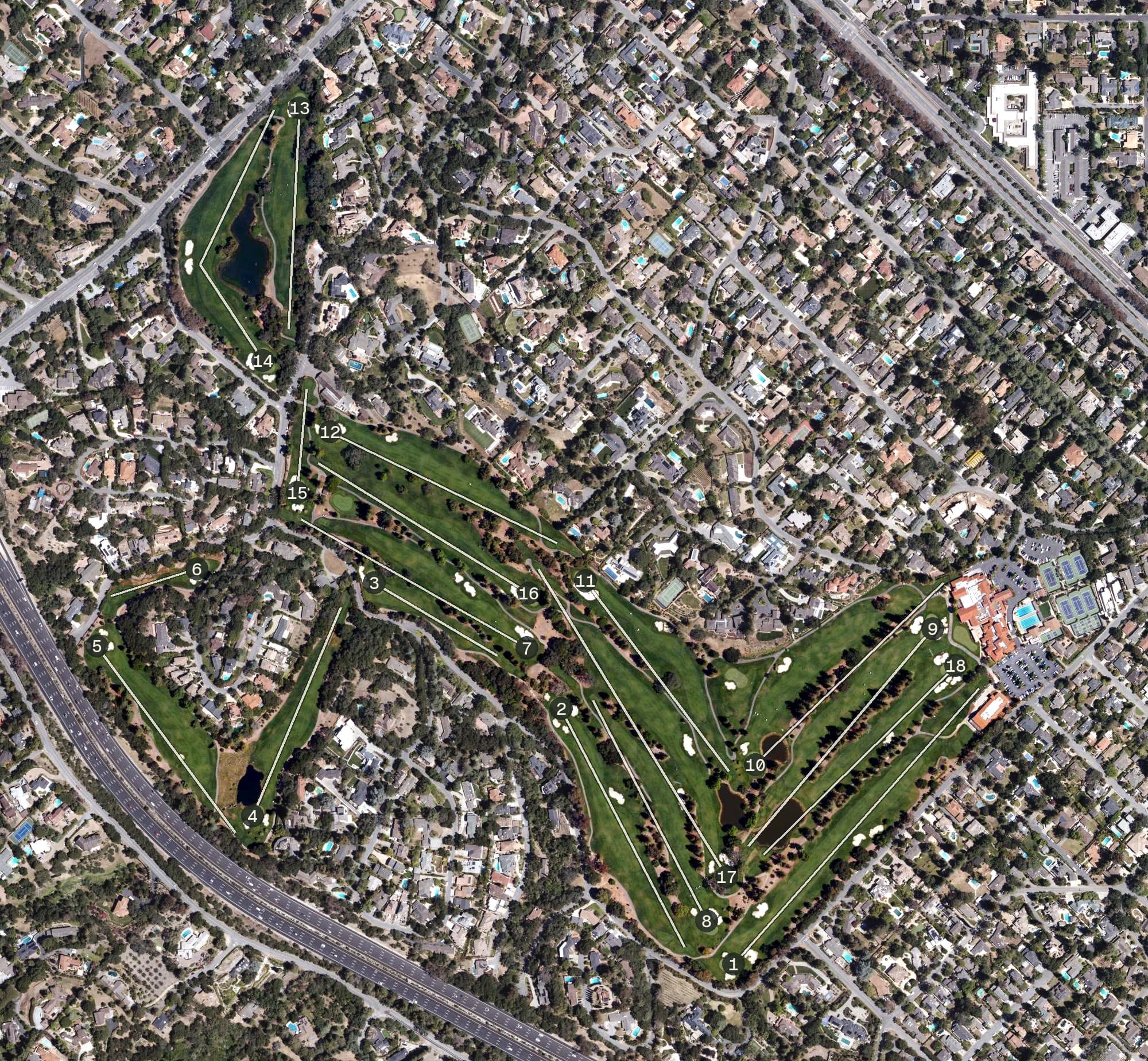 Aerial view of Los Altos Golf & Country Club, CA, with its hole routing marked