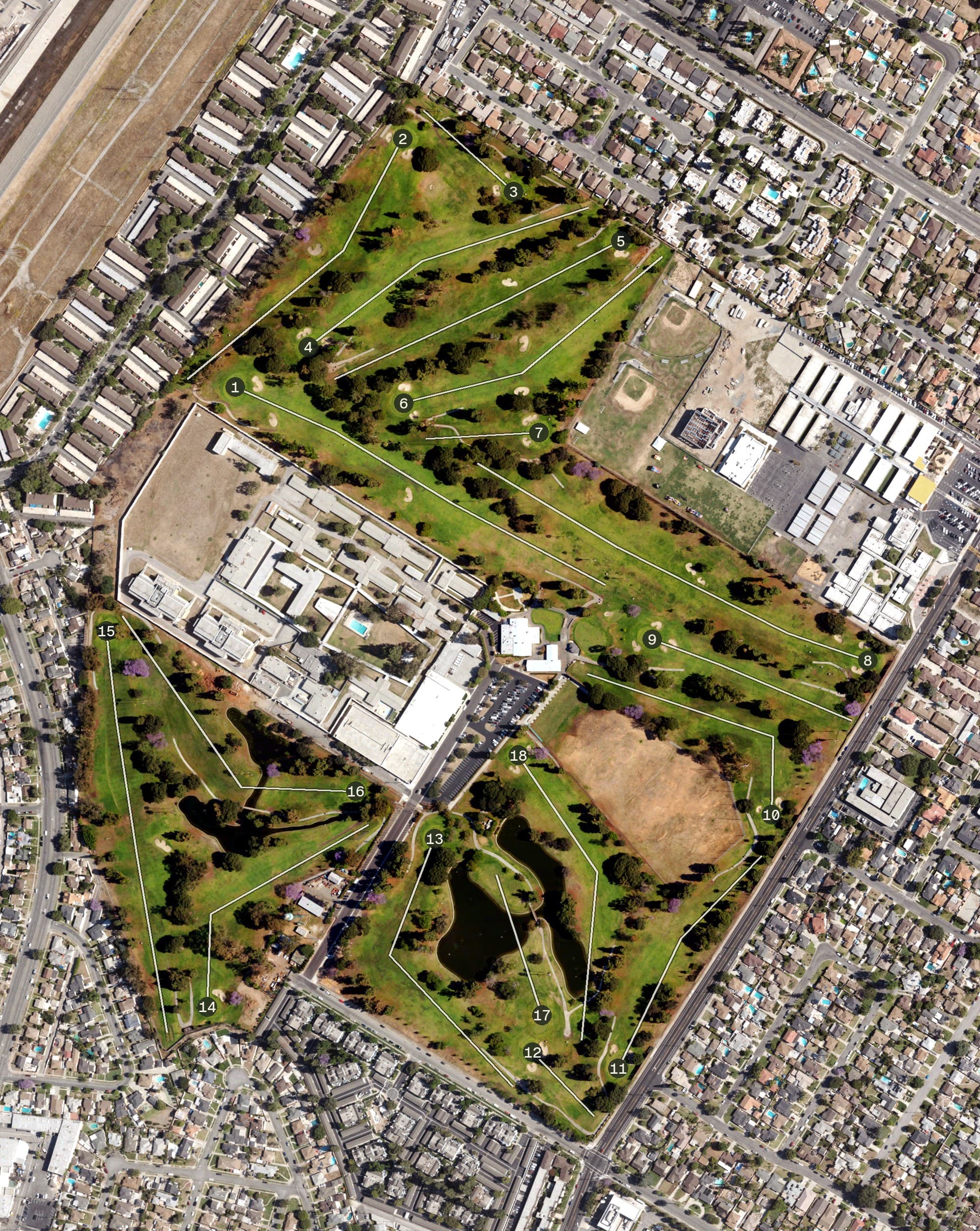 Aerial view of Los Amigos Golf Course, CA, with its hole routing marked
