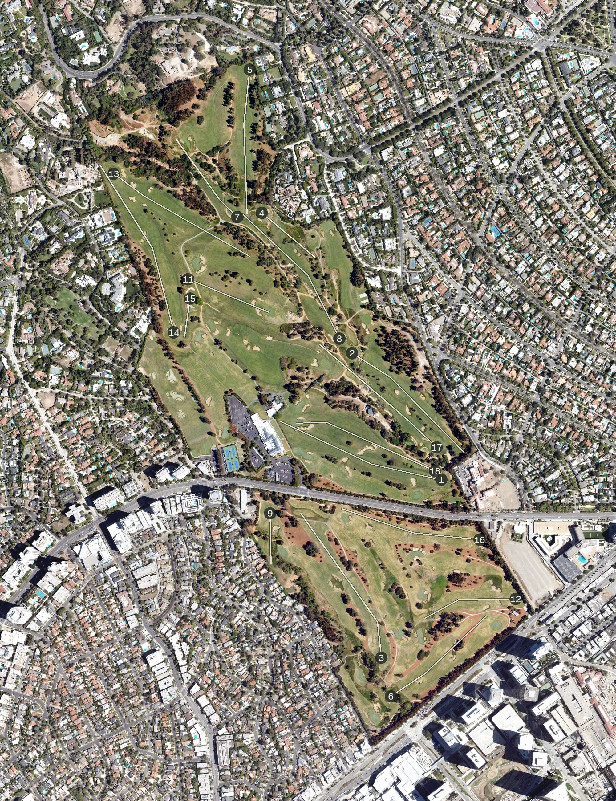 Aerial view of Los Angeles Country Club, CA, with its hole routing marked
