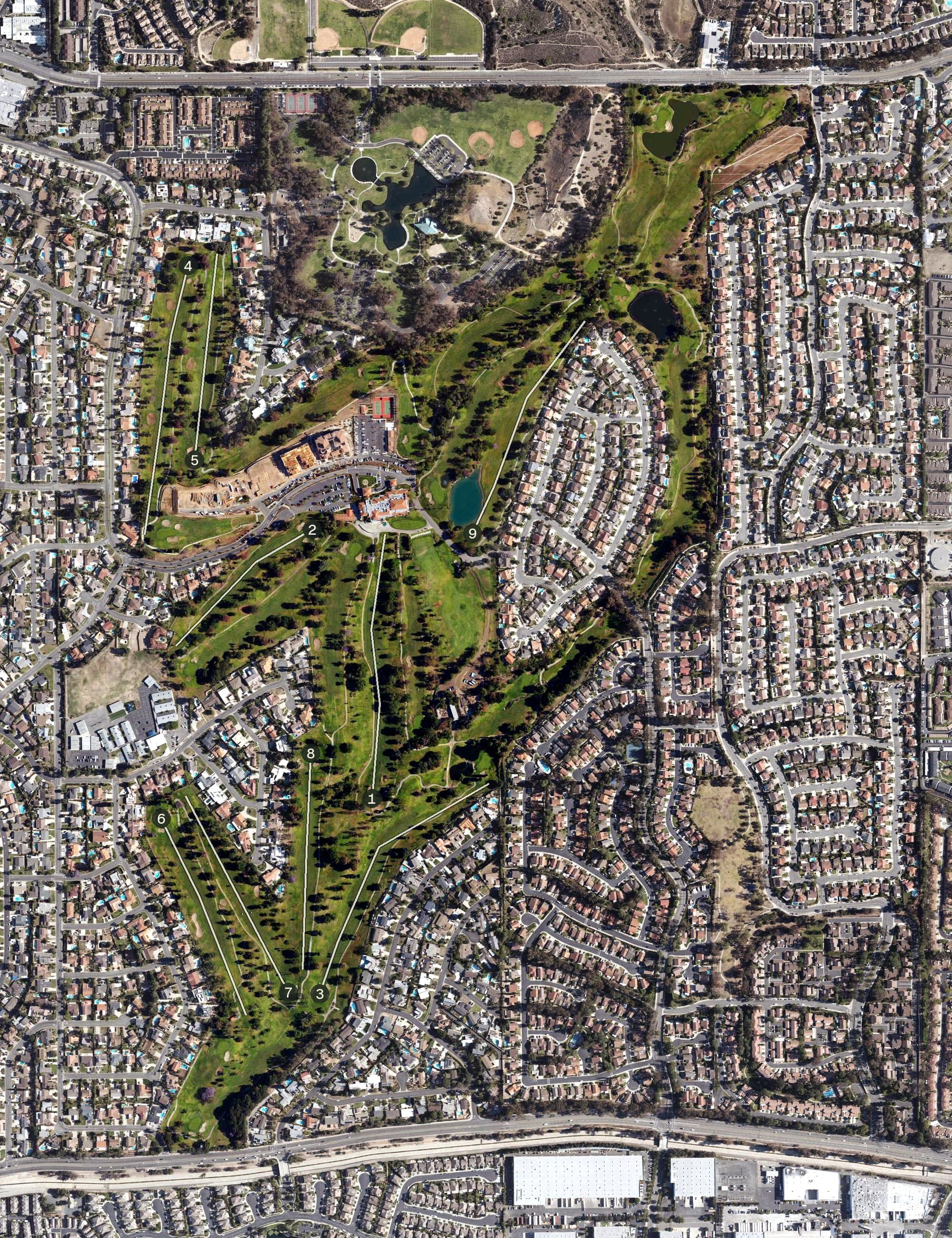 Aerial view of Los Coyotes Country Club, CA, with its hole routing marked
