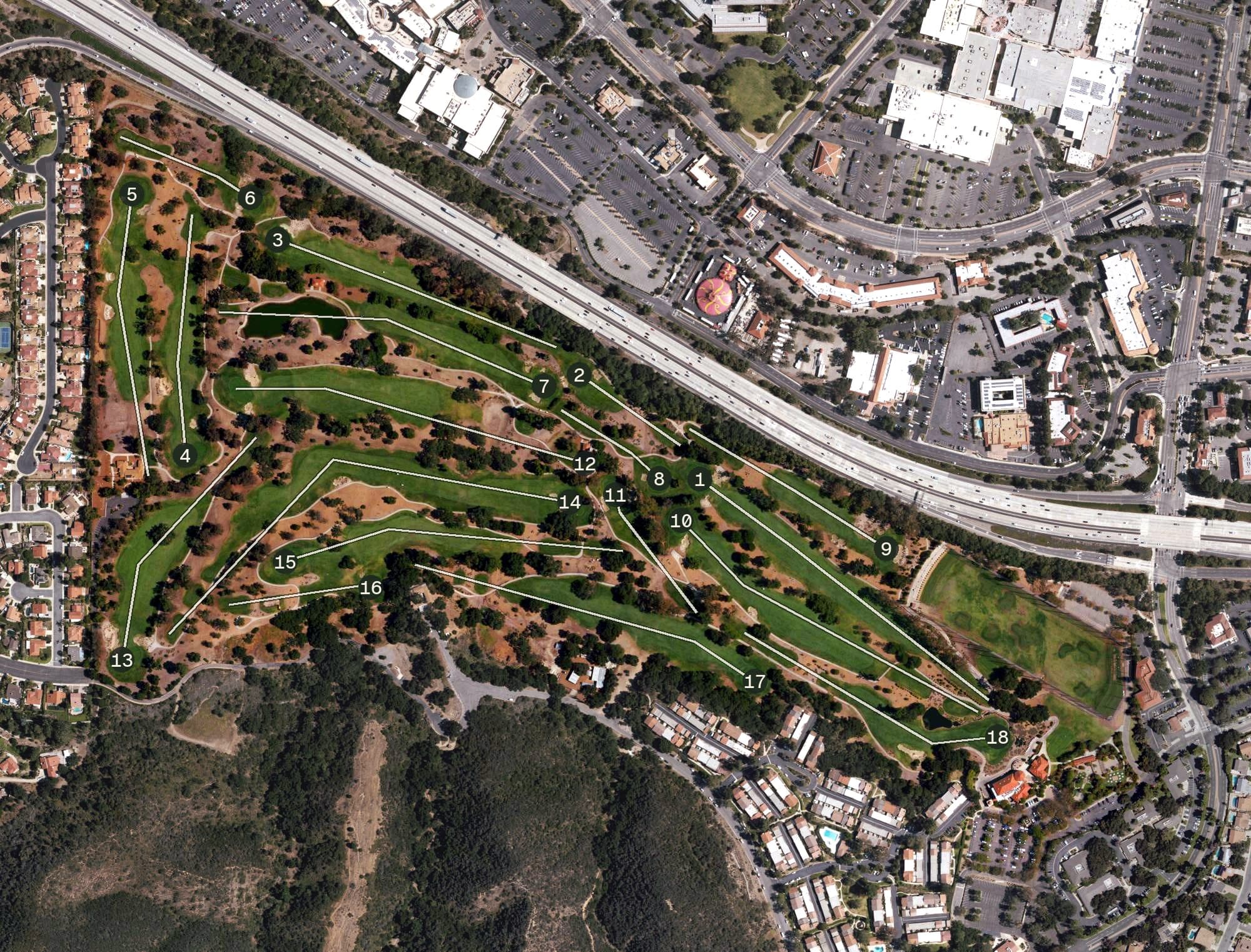Aerial view of Los Robles Greens Golf Course, CA, with its hole routing marked