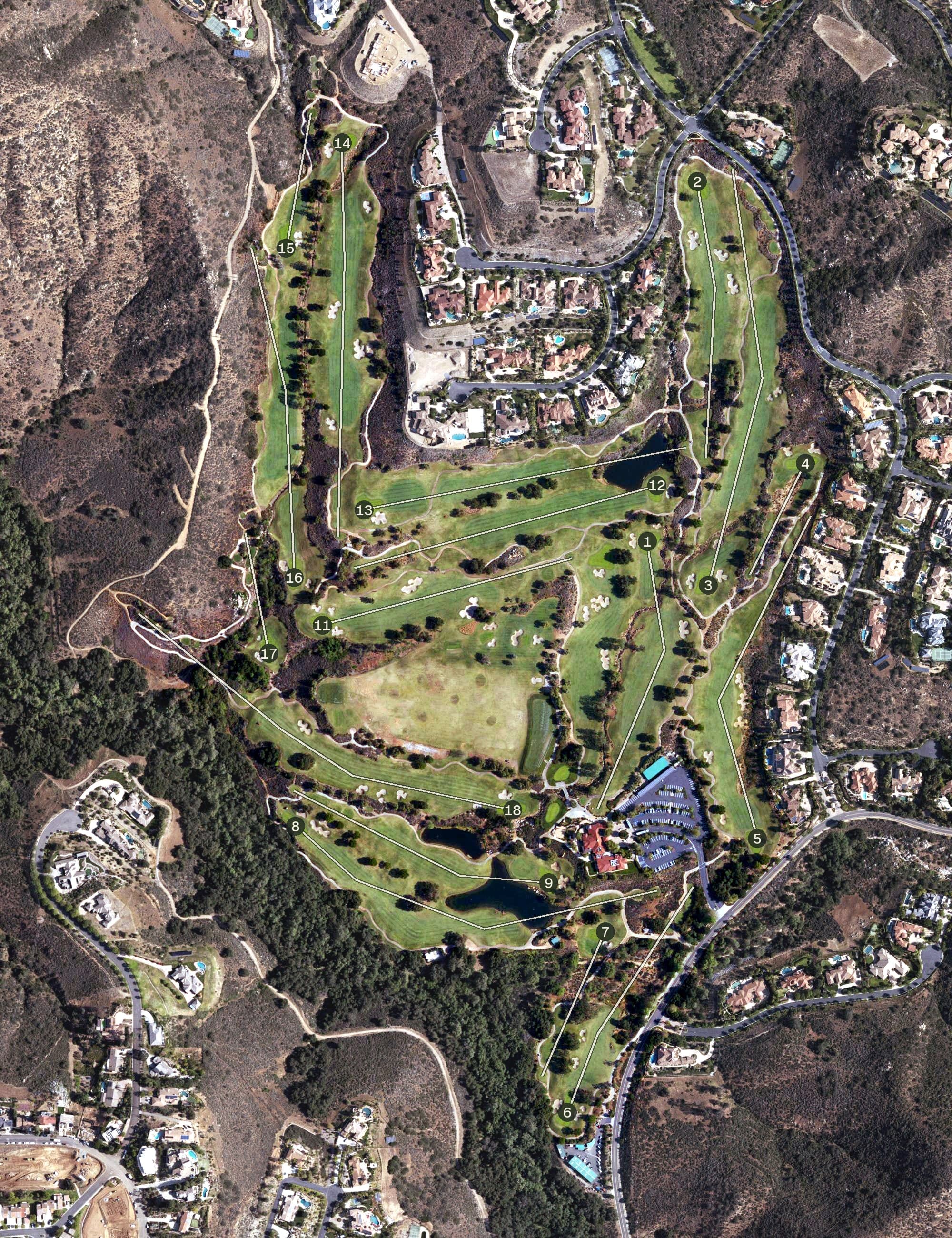 Aerial view of Maderas Golf Club, CA, with its hole routing marked