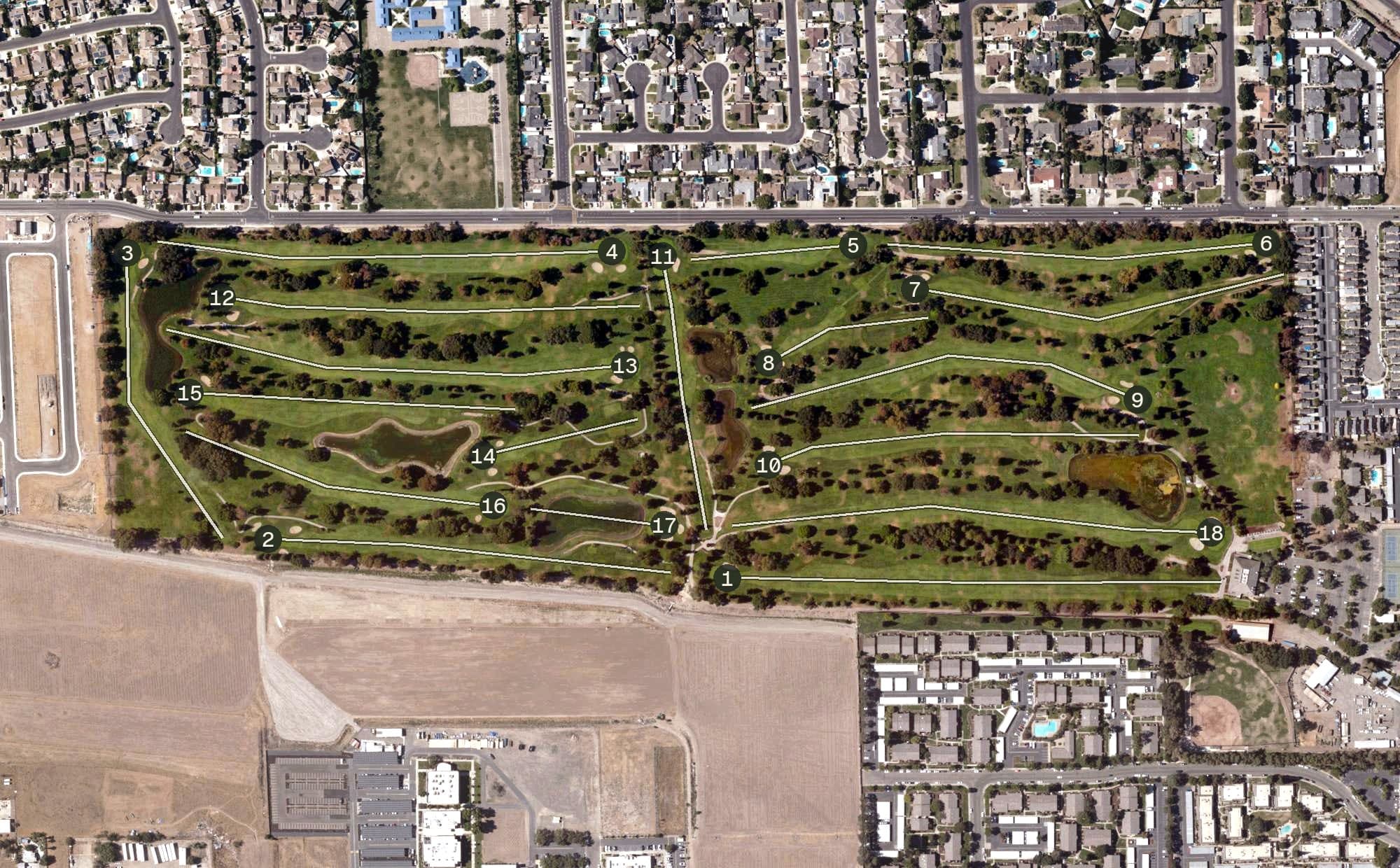 Aerial view of Manteca Park Golf Course, CA, with its hole routing marked