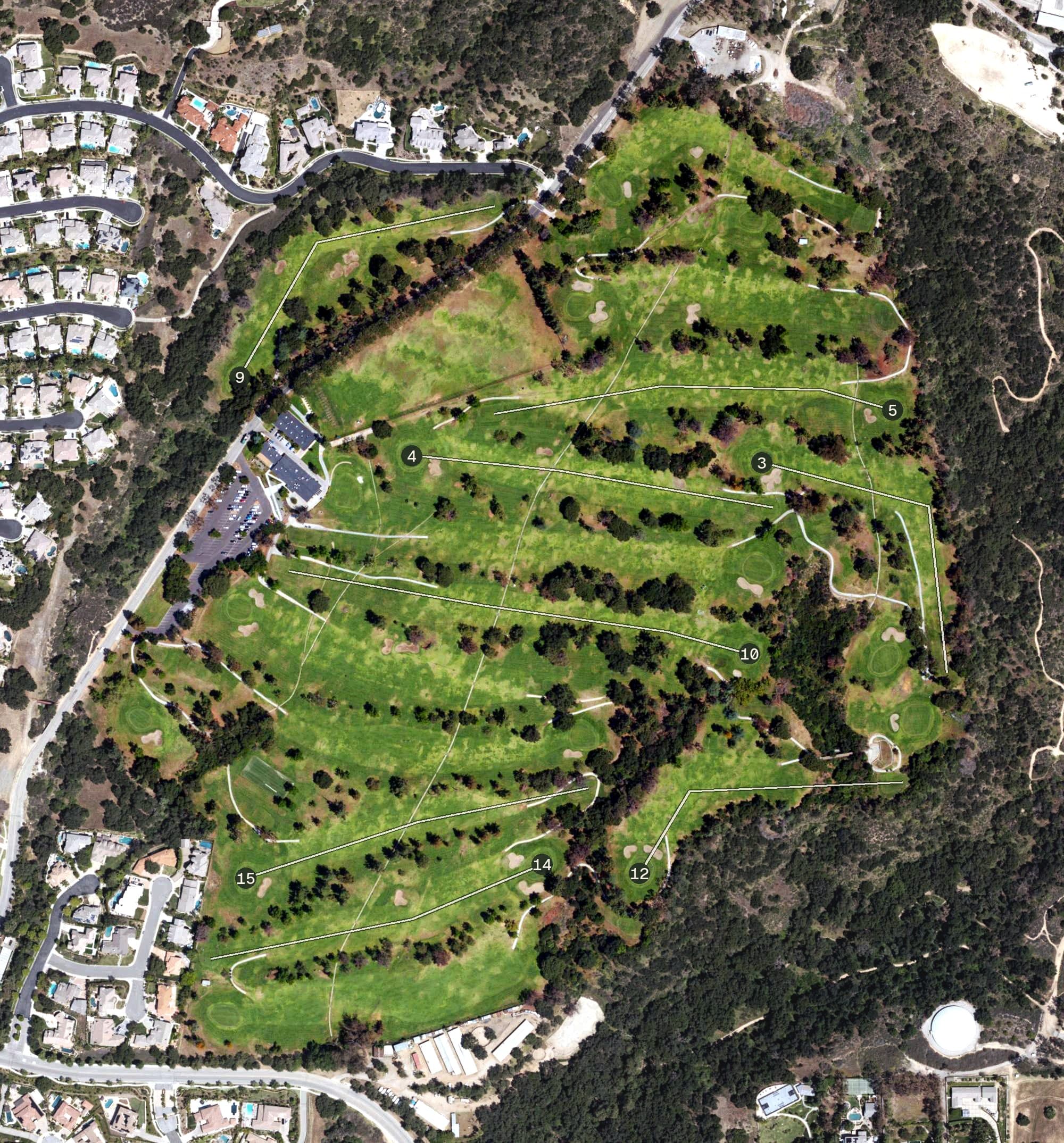 Aerial view of Marshall Canyon Golf Course, CA, with its hole routing marked