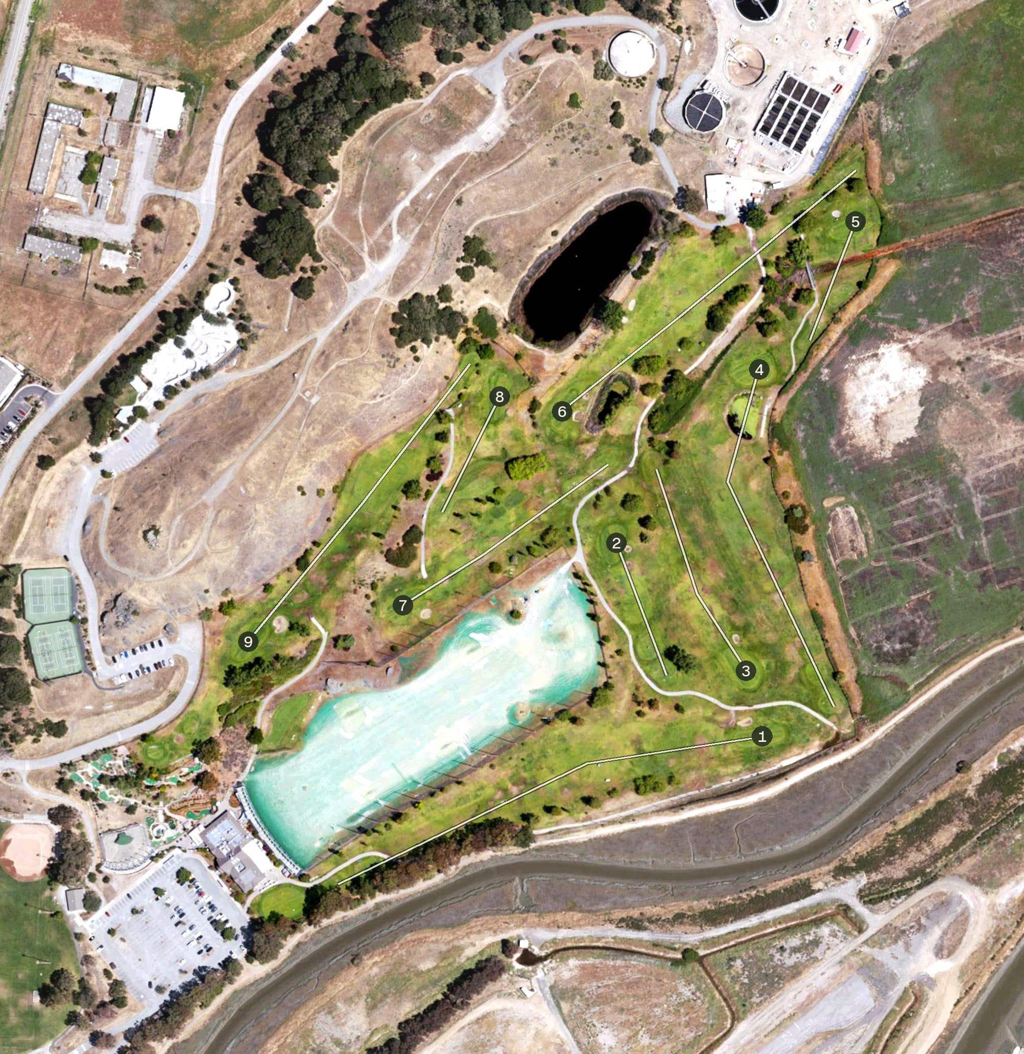 Aerial view of McInnis Golf Course, CA, with its hole routing marked