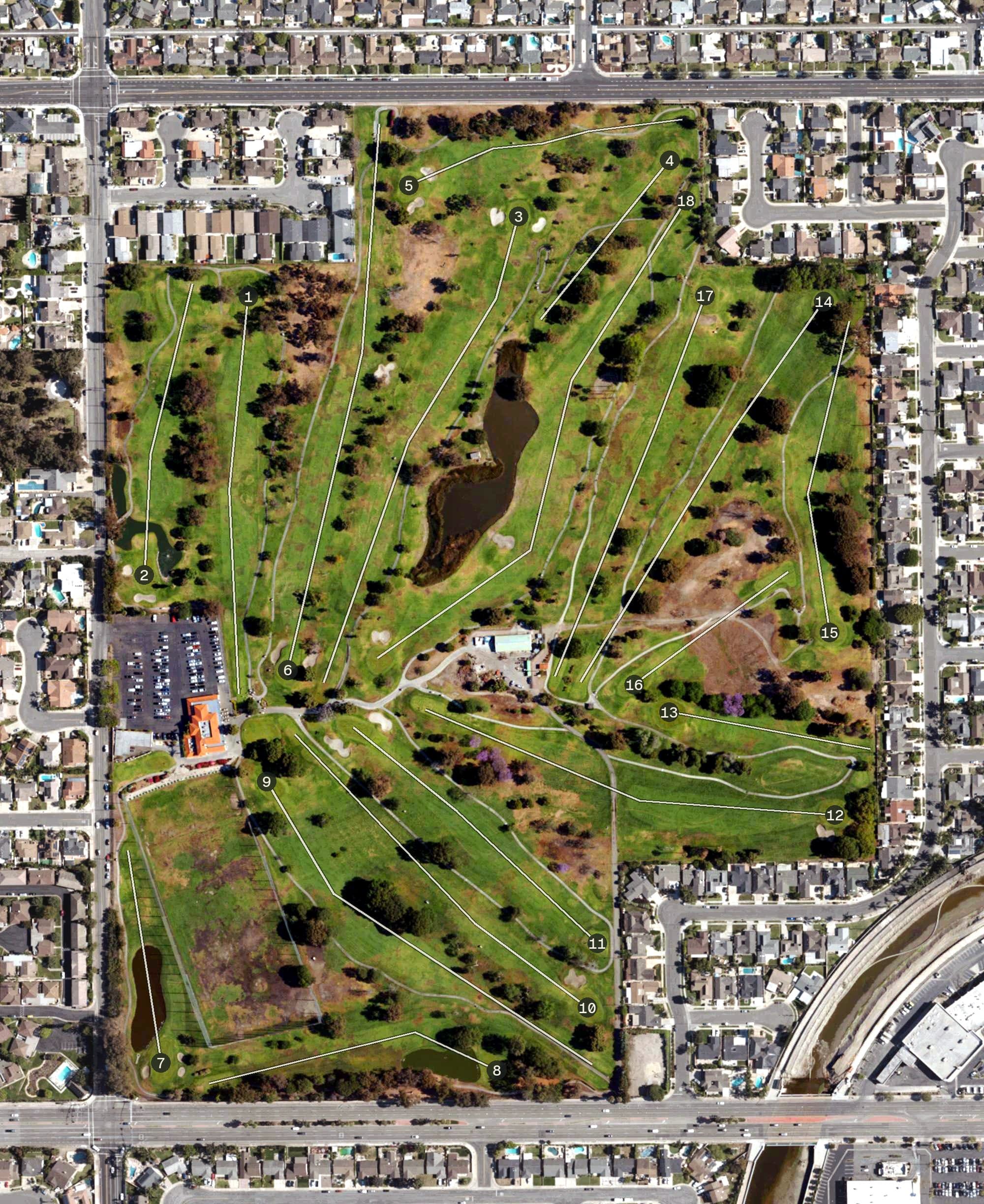 Aerial view of Meadowlark Golf Club, CA, with its hole routing marked