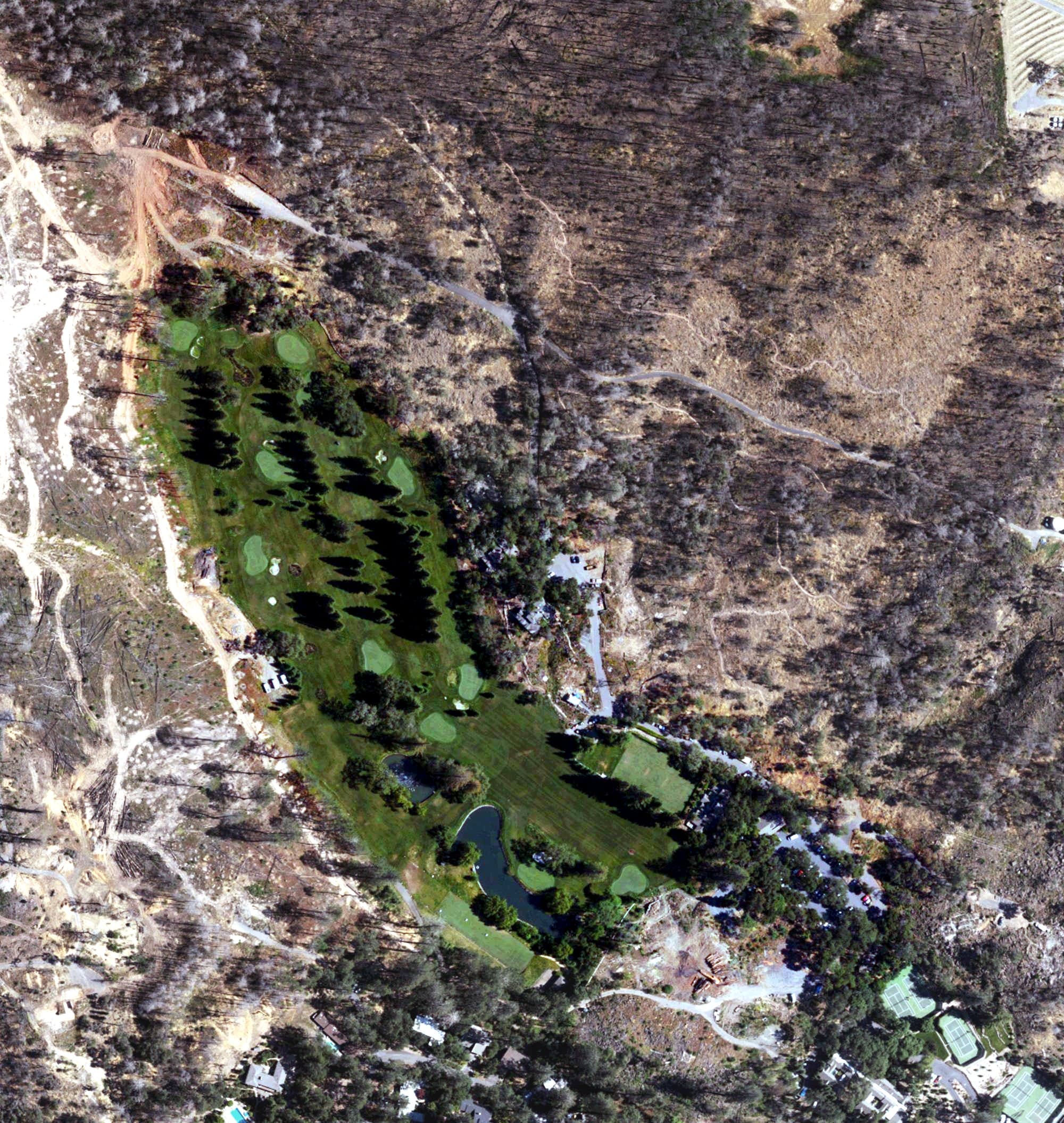 Aerial view of Meadowood Golf Club, CA, with its hole routing marked
